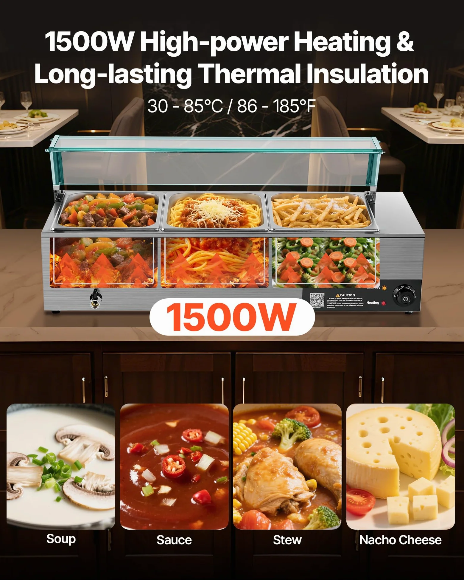 VEVOR Chauffe-Plat Électrique à Vapeur 1500 W, Buffet Chauffant en INOX, Bain-Marie avec 3 Bacs, Couvercle en Verre et Louches à Soupe et Perforées, pour Servir Buffet en Libre-Service Restauration