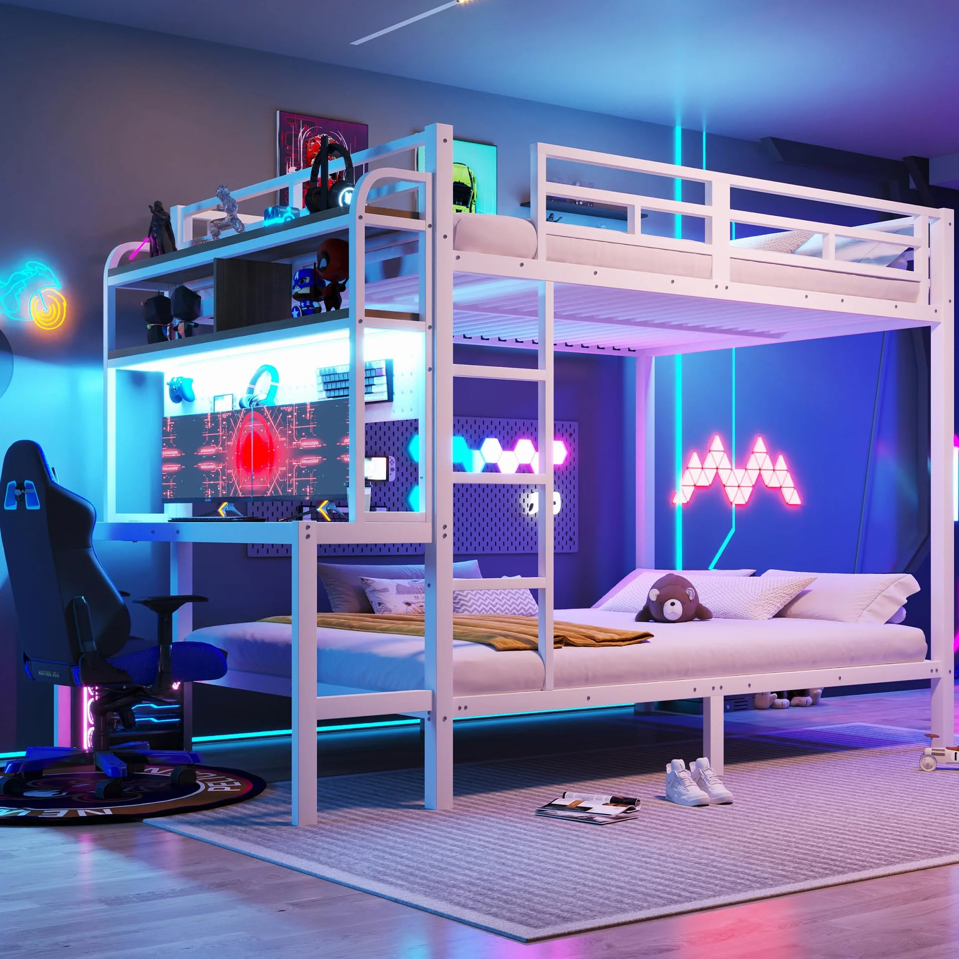Zepneiy Lit Enfant avec Barre Lumineuse LED et Port USB, Lit Superposé Enfant 140x200 avec échelle de sécurité et Compartiment de Rangement, Cadre de en Fer Blanc(sans Matelas)