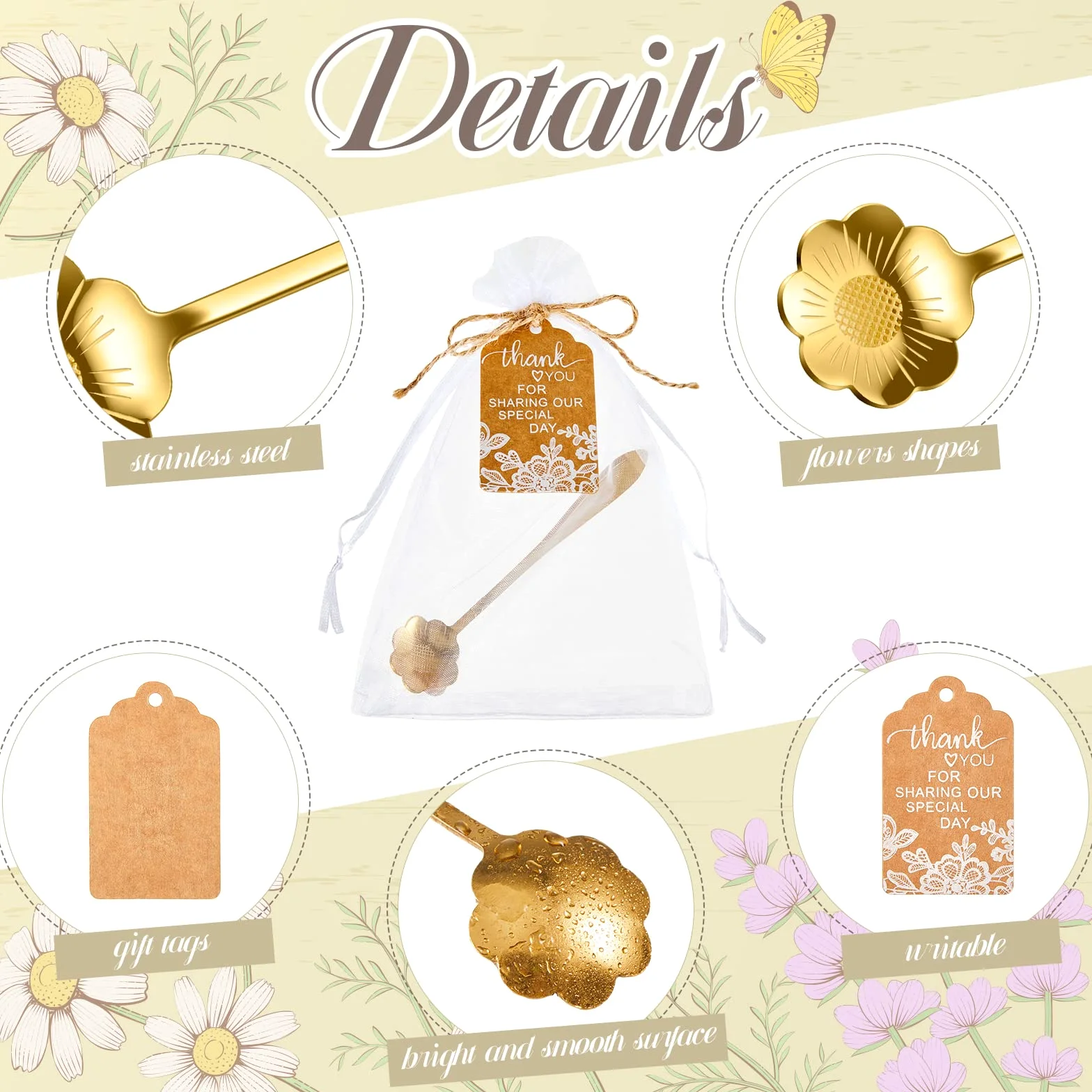 Norme Lot de 100 cuillères à café en acier inoxydable avec 100 étiquettes cadeau avec cordon de serrage, sac en organza et corde pour cadeau, thé, souvenir, fête prénuptiale