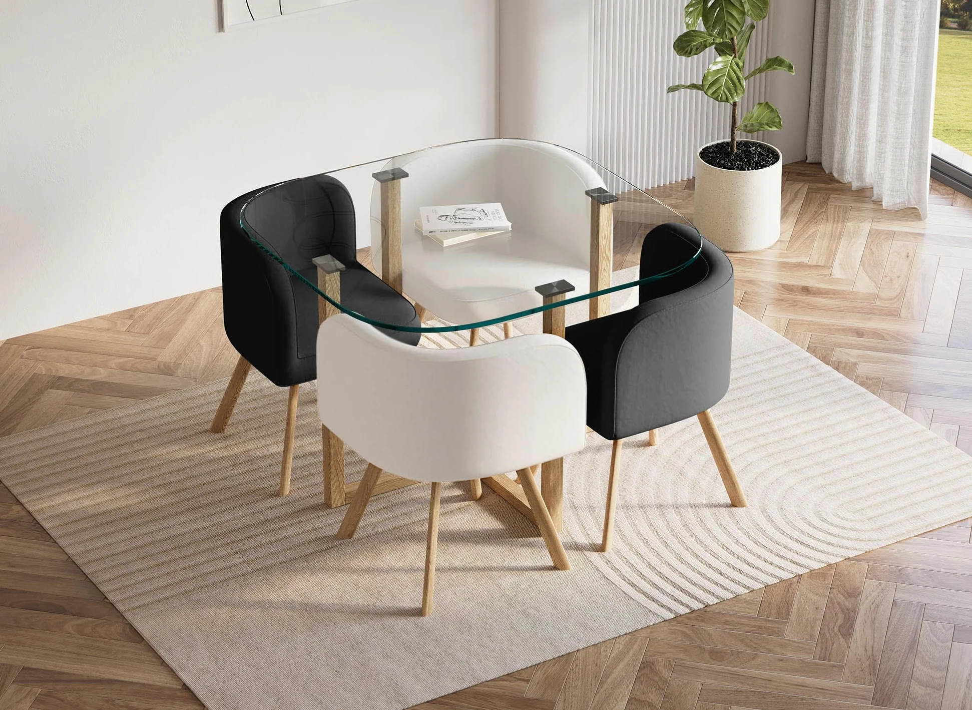 DecoInParis Ensemble Table à Manger en Verre + 4 chaises Noires et Blanches FLEN