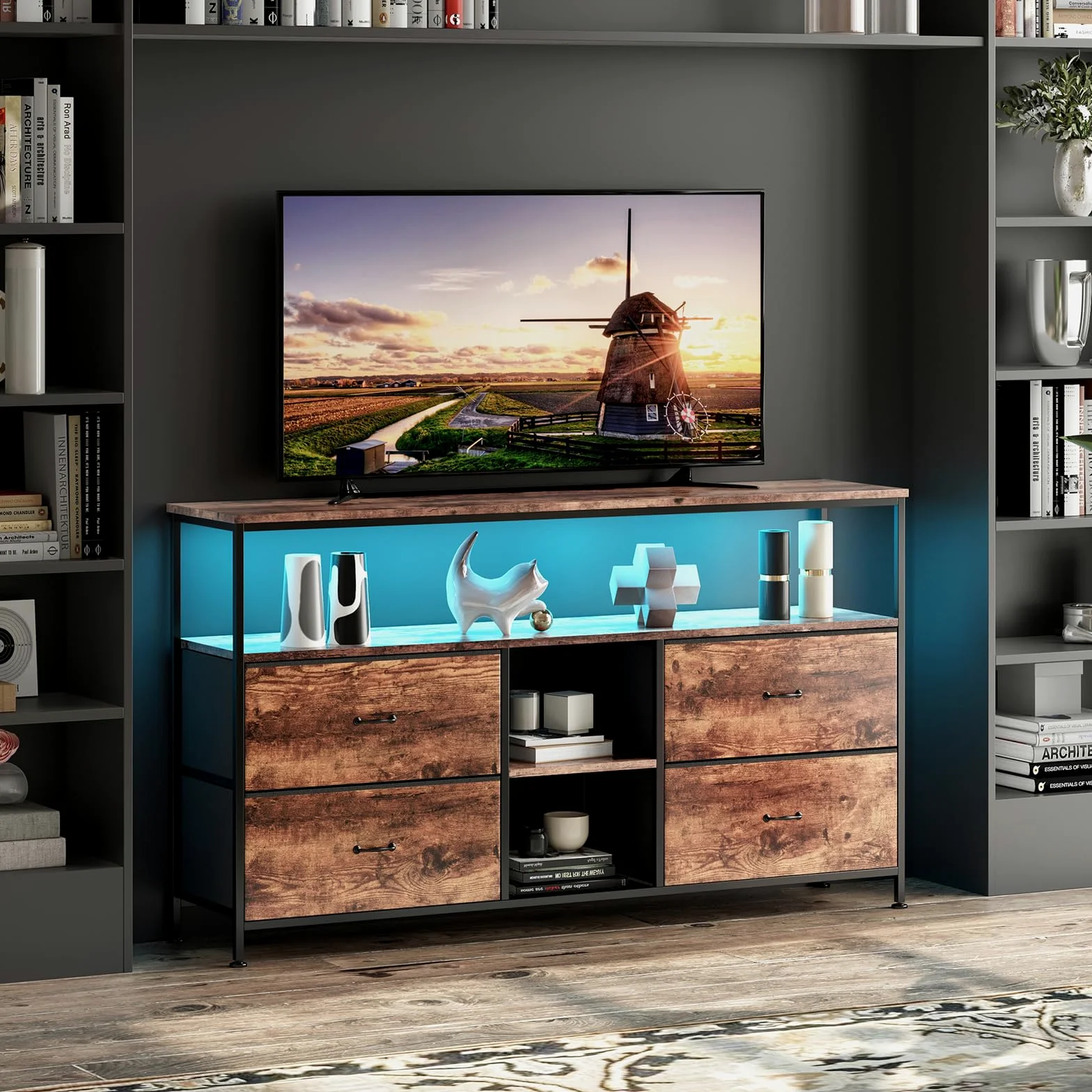 BestAlice Meuble TV Vintage avec éclairage LED, casier avec 4 tiroirs et 3 étagères, Cadre en Fer et Meuble TV à Panneaux de Particules, Pieds réglables en Hauteur(108cm-B)