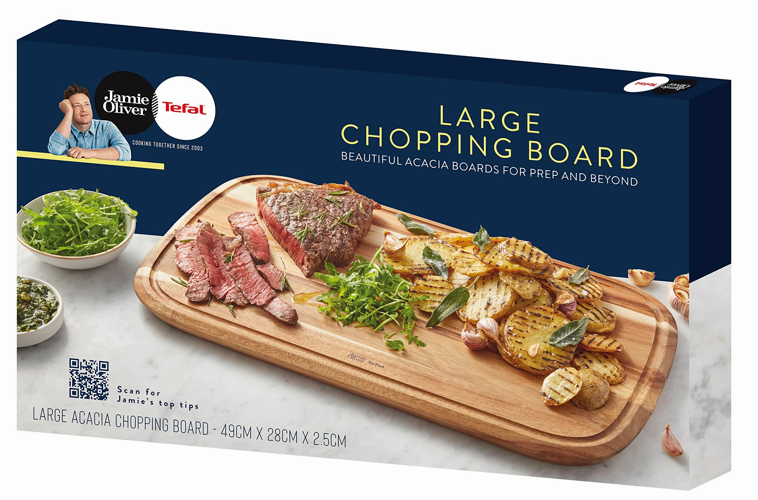 Tefal Jamie Oliver K2681055 Planche à découper en bois d'acacia certifié FSC avec rainure pratique pour couper les aliments et servir Marron Taille L 49 x 28 x 2,5 cm