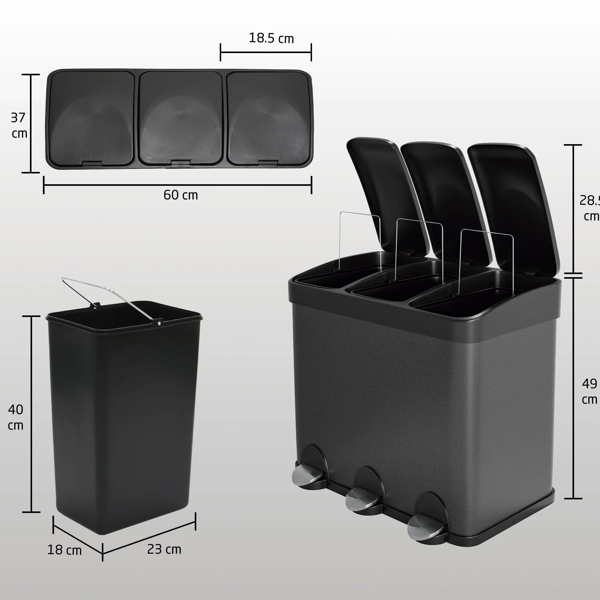 Amig - Poubelle Triple avec Pédales 45 litres - 3 Compartiments Amovibles de 15 litres - Poubelle de Recyclage pour la Cuisine - Acier - 60 x 37 x 49 cm - Noir Mat