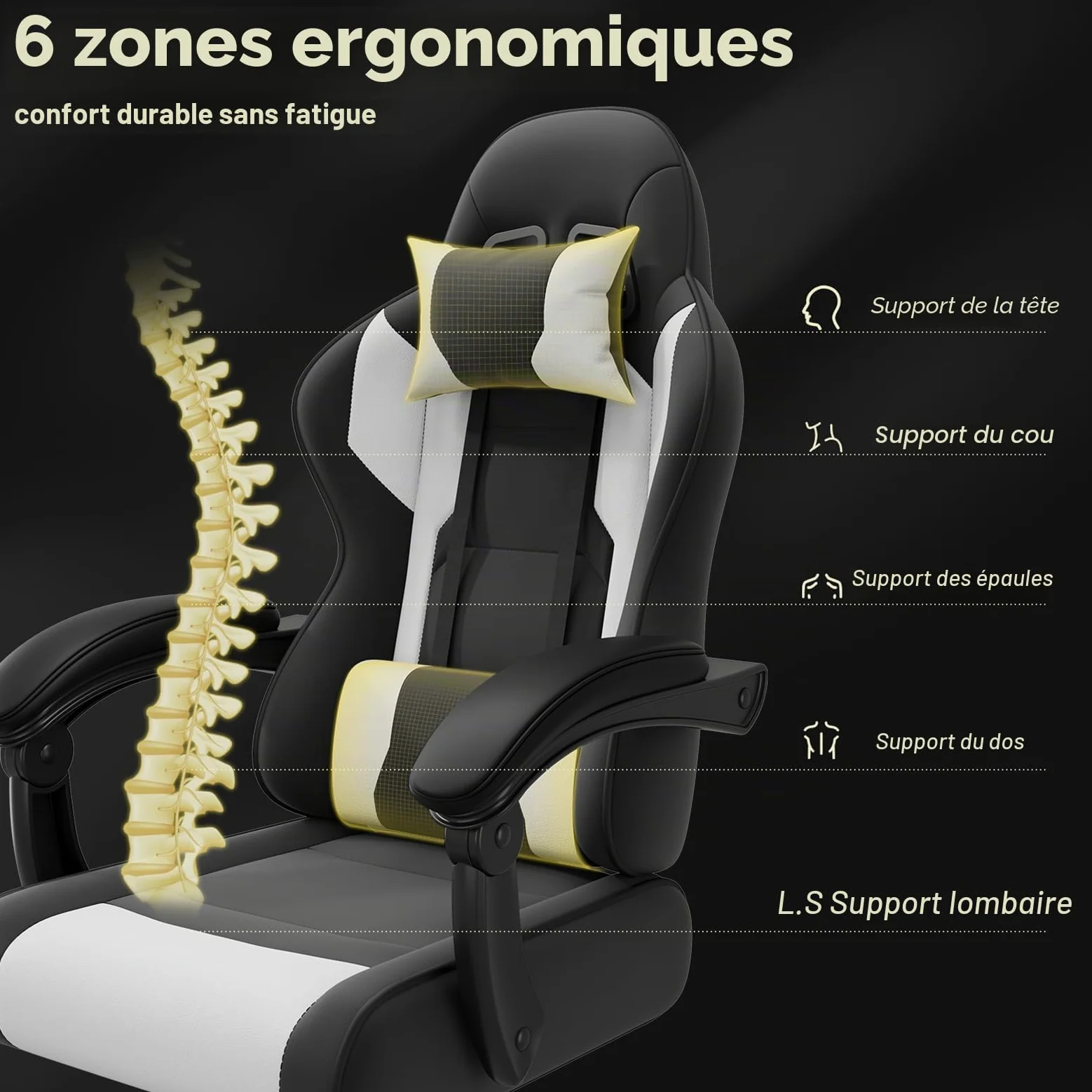 JUMMICO Jetstream Chaise de Gaming Ergonomique avec Fonction Massage, Chaise de Bureau, 150 kg, Blanche