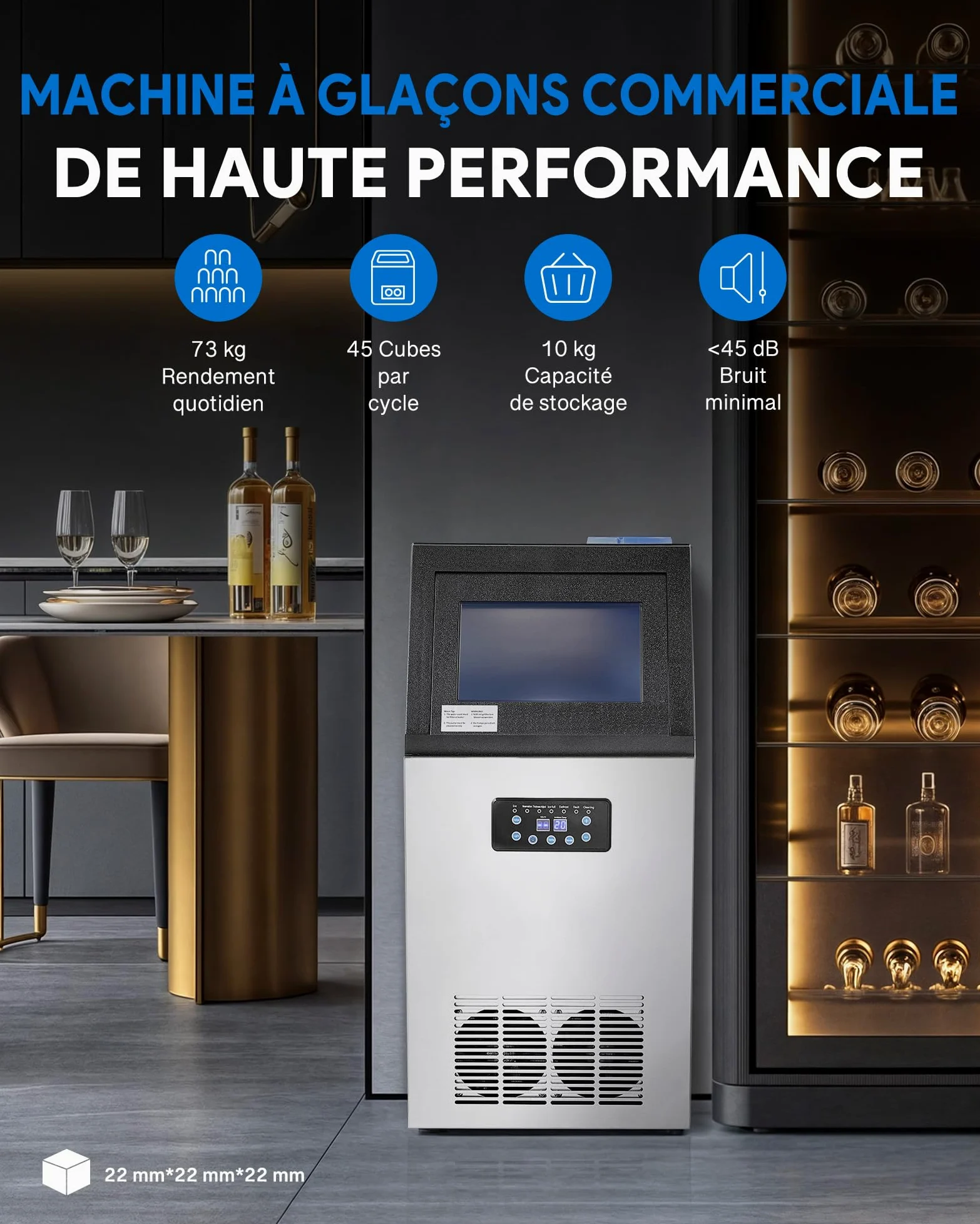CREWORKS Machine à Glaçons Commerciale 480W 73kg/24h Ice Maker Professionnel 45 Pièces Écran LCD Storage de 10kg pour Maison Bureau Restaurant Bar Café