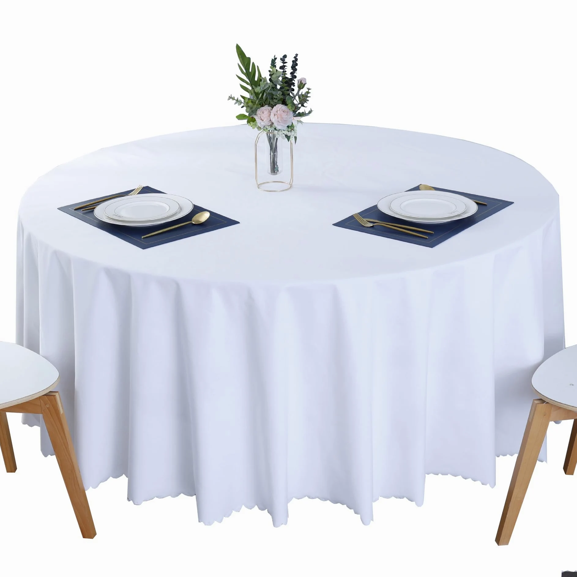 Nappe Ronde en Coton et Chanvre antitache Protéger et décorer la Table Nettoyage Facile Blanc Diamètre 260 cm