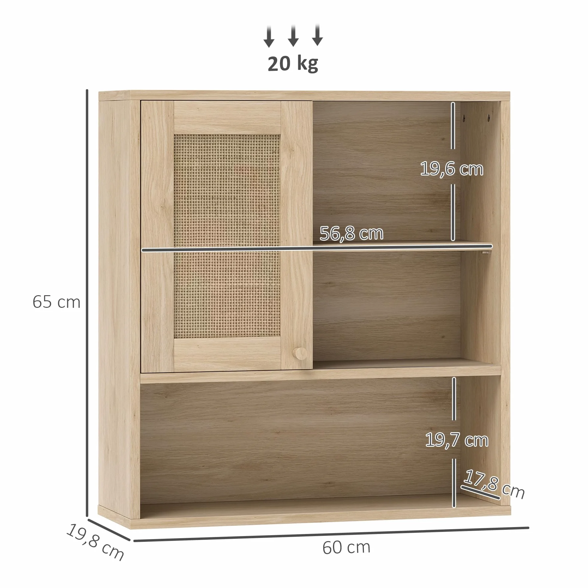 HOMCOM Armoire murale, meuble haut salle de bain avec porte coulissante en rotin et étagères ouvertes, meuble de salle de bain style bohème, meuble de rangement suspendu, 60 x 20 x 65 cm, bois naturel