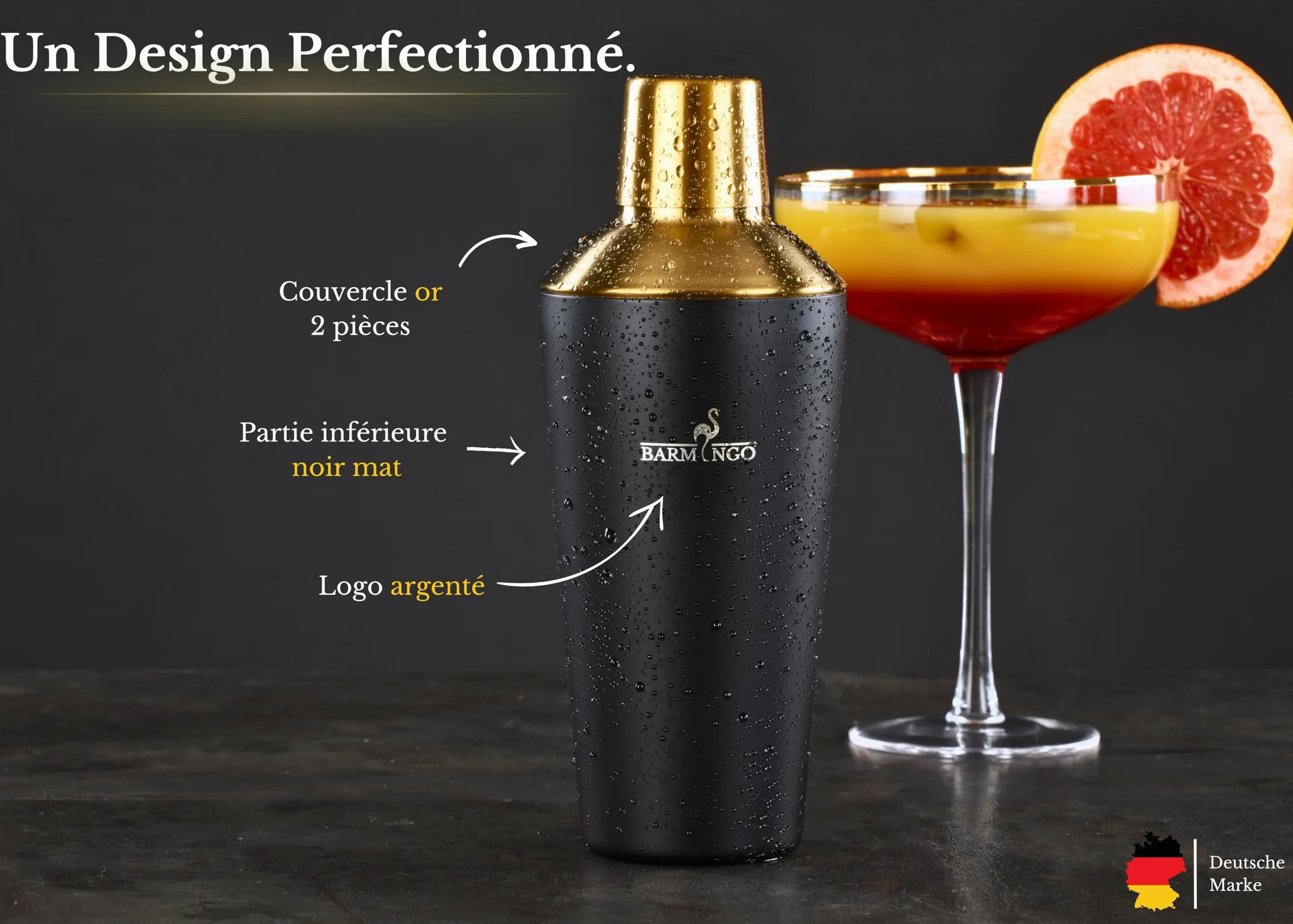 Shaker Cocktail Kit | 11 Pièces, Volume de 700 ML, Noir - Or | Shaker Cocktail INOX avec Support et Accessoires de Bar | Set Barman Cocktail Shaker | Kit Cocktail Professionnel