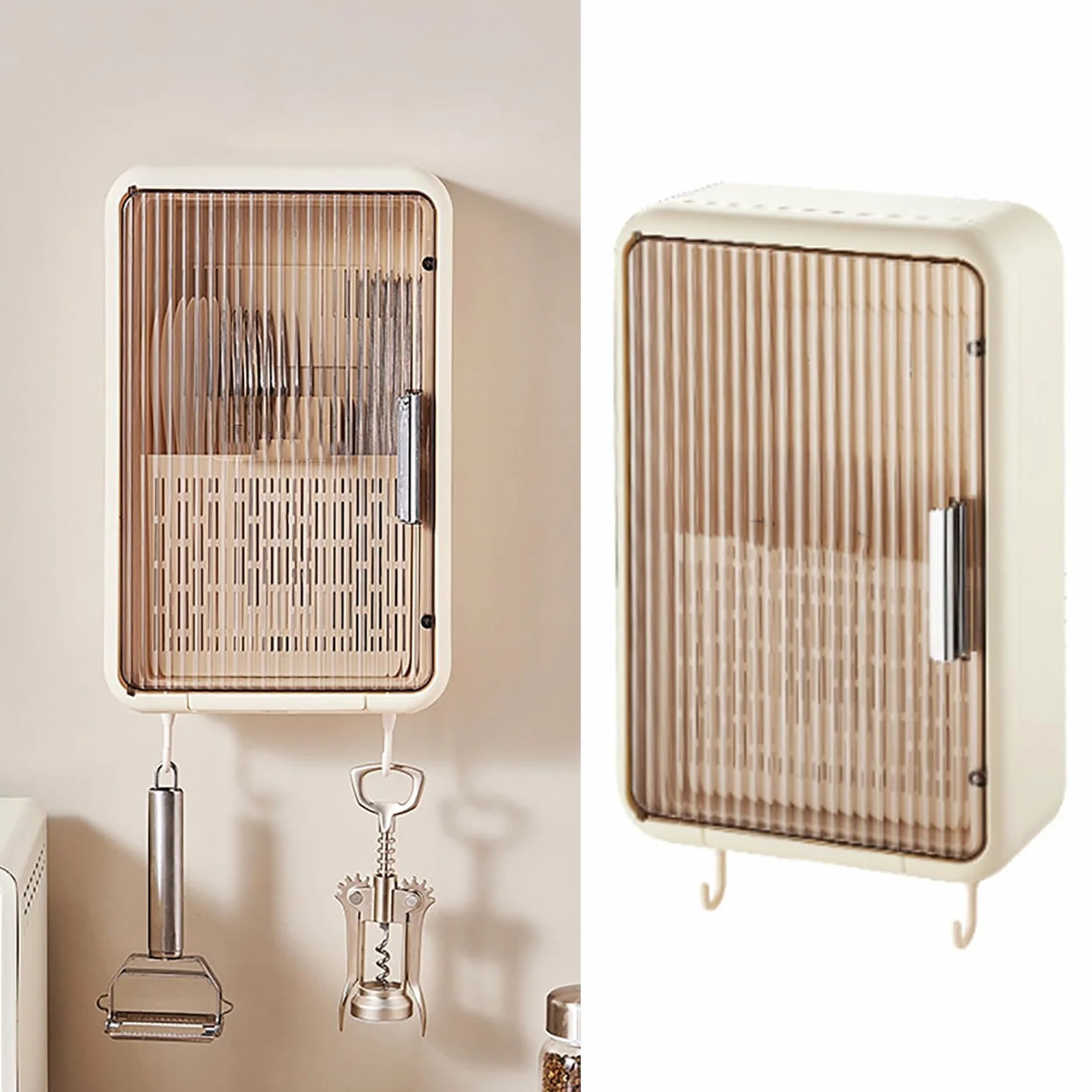 TOPINCN Organiseur mural pour baguettes drainant et anti-poussière avec couvercle, convient pour louches, fourchettes et plus (couleur crème)