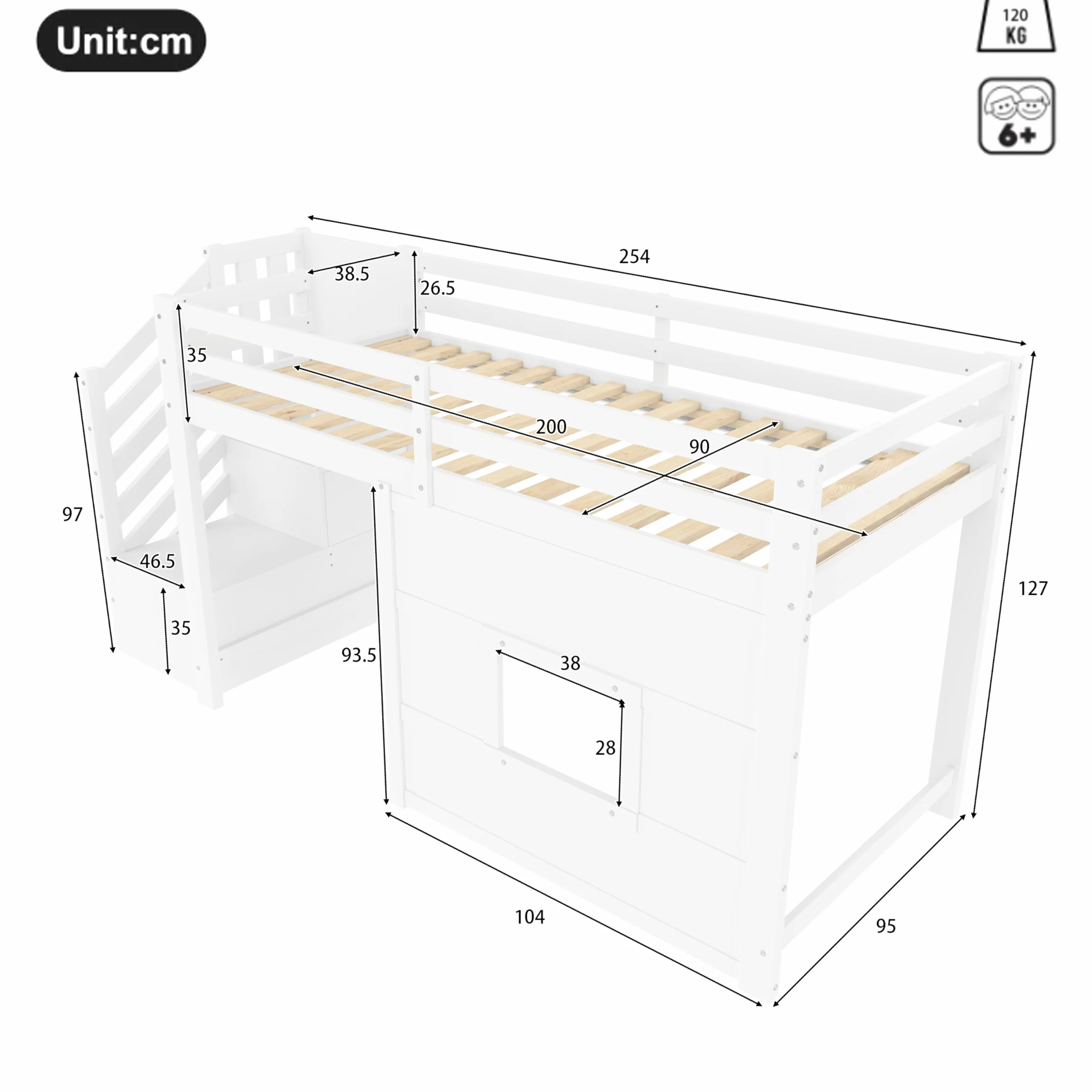 Sapgaks Lit Mezzanine Enfant 90x200 avec éclairage LED,lit mi Hauteur avec escalier de Rangement et fenêtre,Cadre de lit Enfant 90x200 (J-Blanc 90)