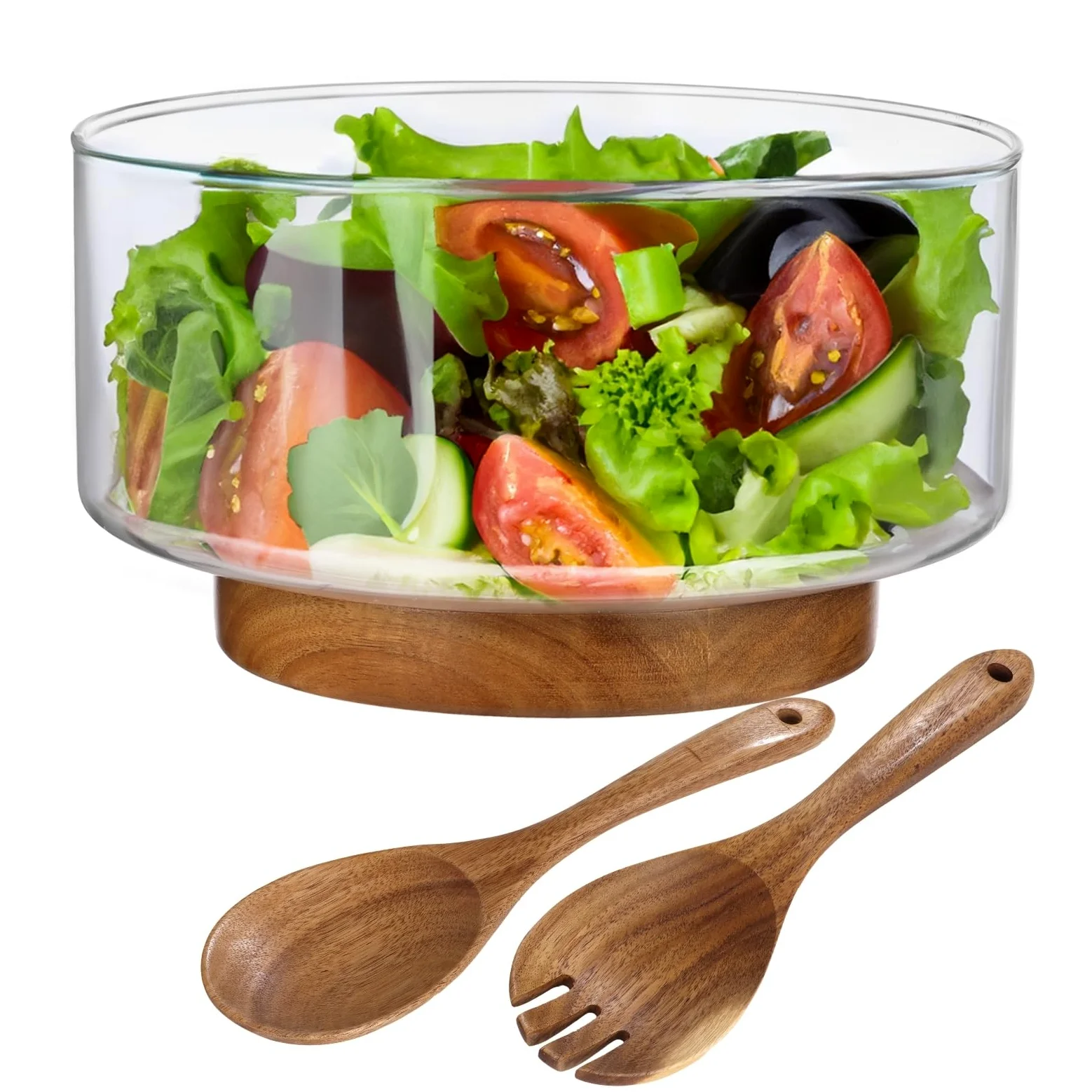 Saladier en verre de 3,8 l avec base en bois, comprend une cuillère à salade et une cuillère en bois, idéal pour les fêtes, les réunions de famille, et plus encore