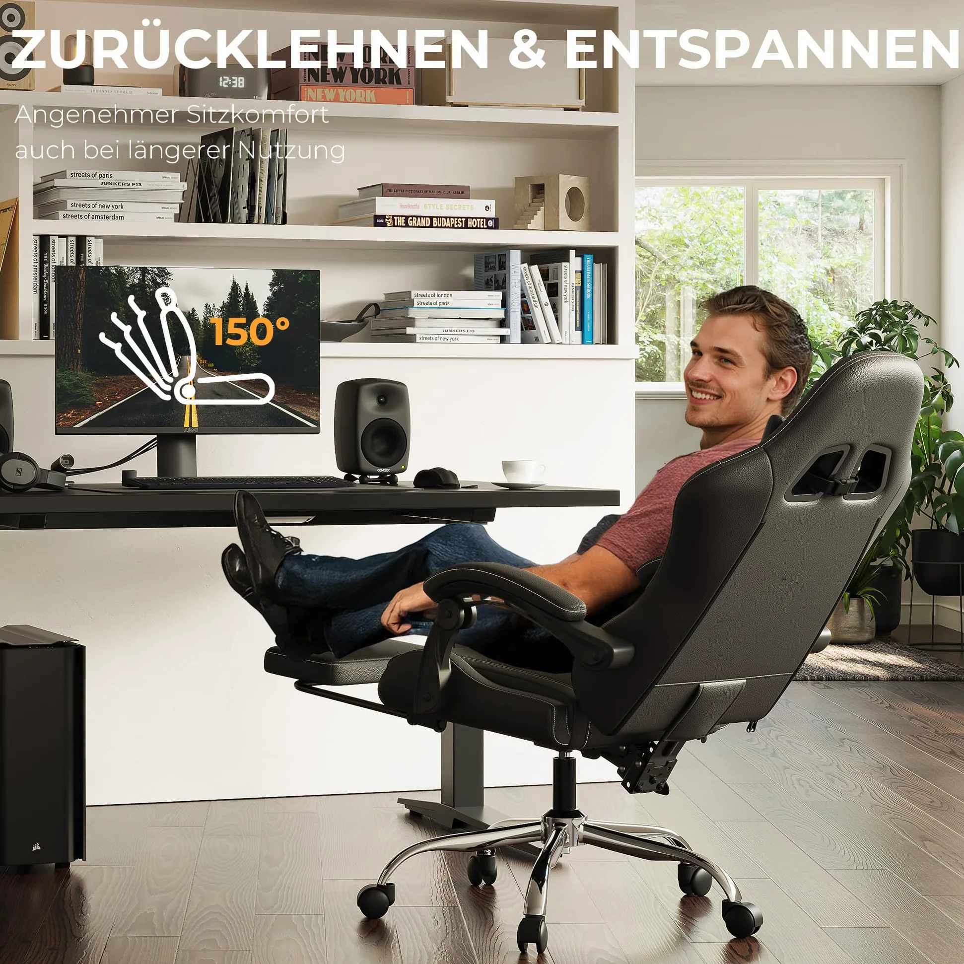 Dowinx - Chaise gaming - Ergonomique - Chaise de bureau pour gamer avec appuie-tête réglable, accoudoirs, et repose-pieds - Inclinaison du dossier réglable jusqu'à 150° - Charge maximale de 180 kg