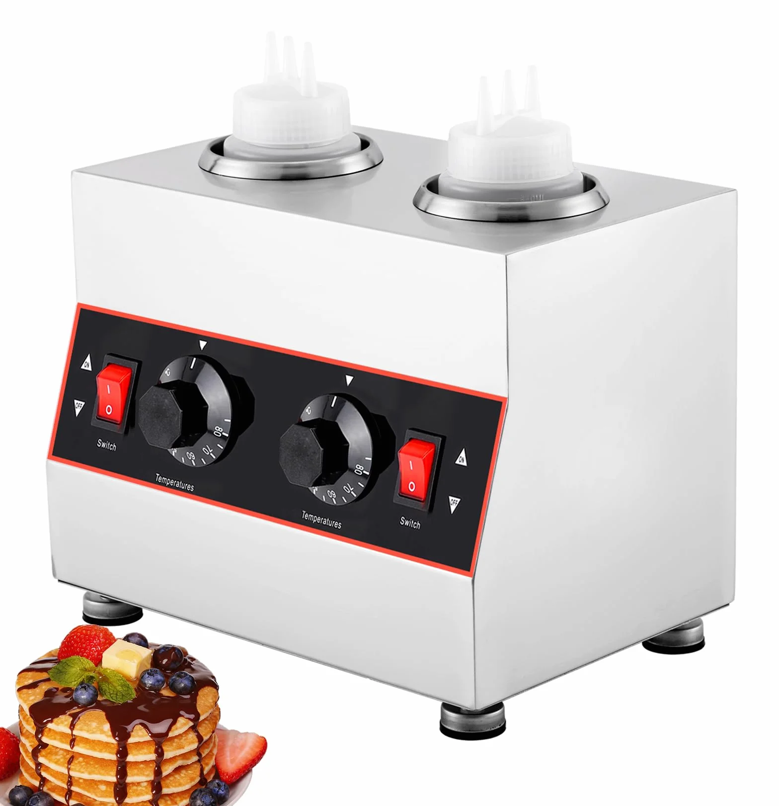 YUCHENGTECH Chauffe-Sauce Électrique, Température Réglable 86-185 ℉,320W | Distributeur Chauffant pour Sauces en Acier Inoxydable avec 2 Bouteillespour Chocolat, Fromage, Ketchup et le Fudge