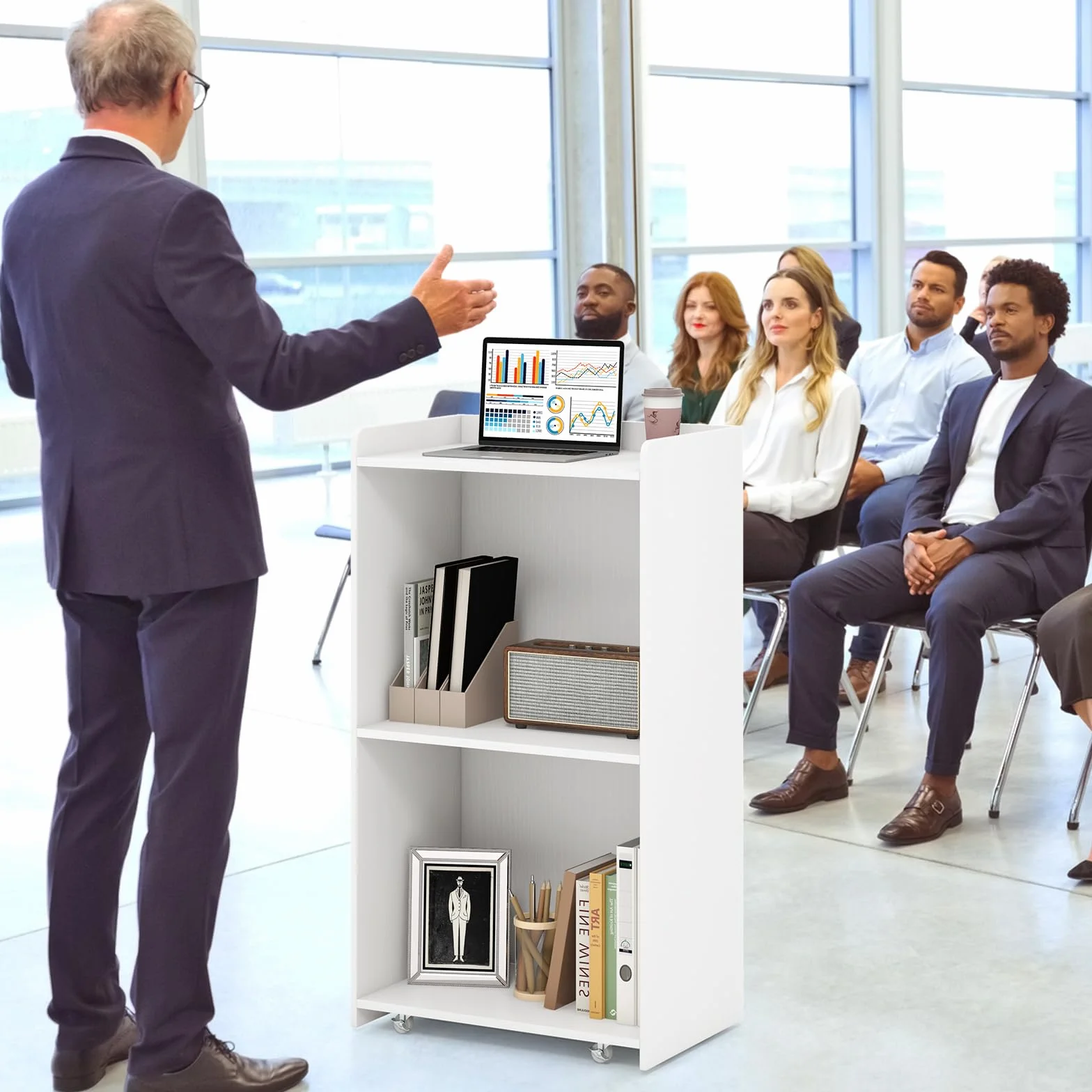 COSTWAY Podium Debout en Bois Roulant, Pupitre avec 2 Étagères, Podium Portable avec roulettes, Comptoir d'accueil, Roues Verrouillables, pour Église, Bureau, École, Conférence (Blanc)