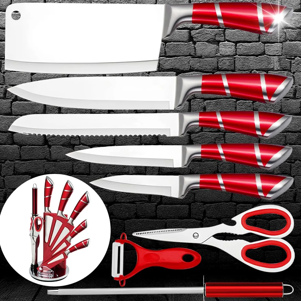 KEPEAK Set de Couteaux de Cuisine 9 Pièces avec Bloc Acrylique Rotatif – Couteaux de Chef Tranchants en Acier Inoxydable avec Fusil à Aiguiser – Pour Couper, Hacher, Émincer – Rouge