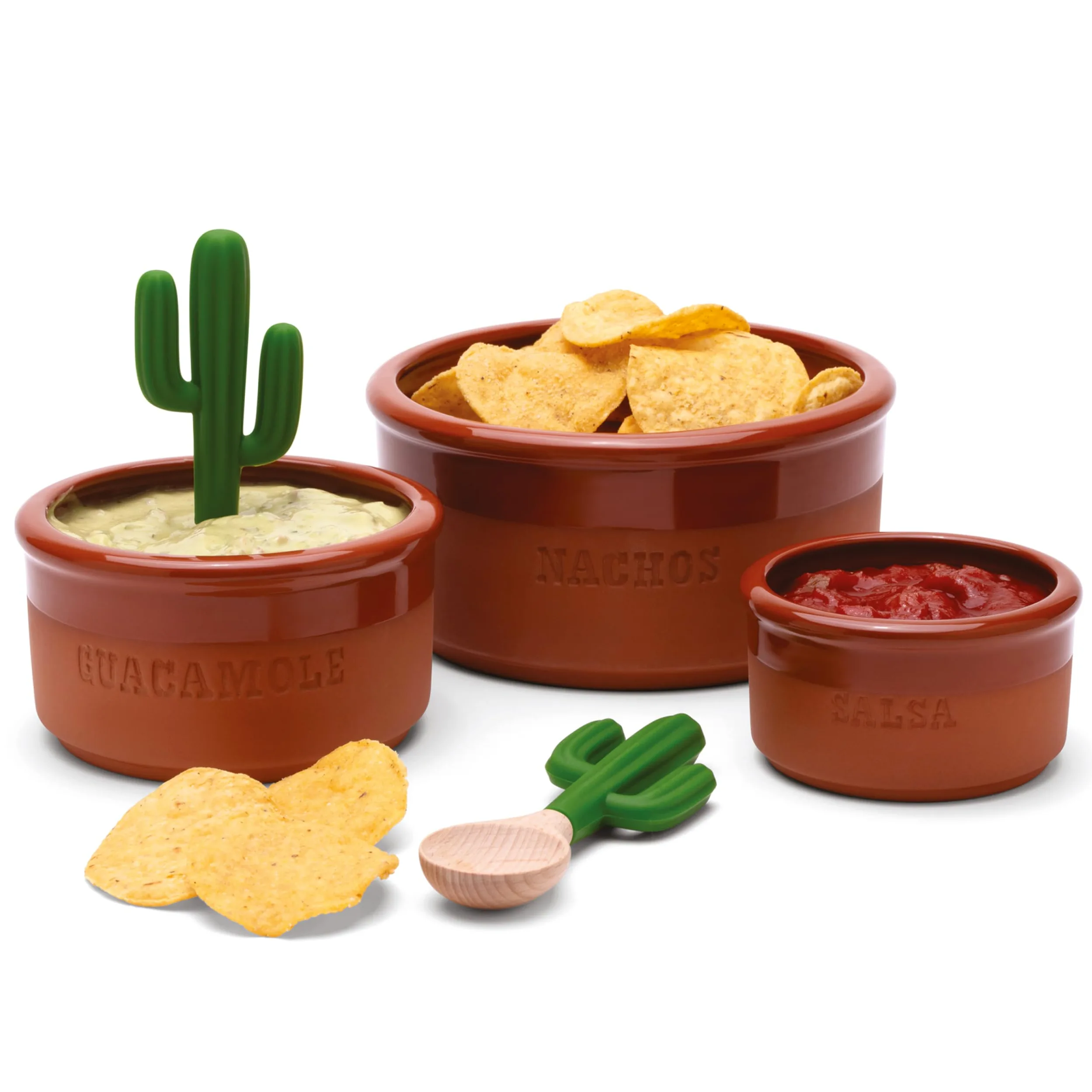 Monkey Business Bowlero : Kit de Bols en Terre Cuite pour Trempettes Mexicaines, Guacamole, Salsa et BBQ - 3 Bols à Soupe + 2 Cuillères