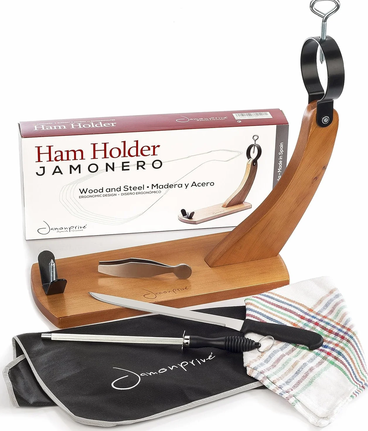 Support à Jambon + Couteau + Fusil à Aiguiser + Couvre Jambon + Torchon + Pinces - Jamonprive