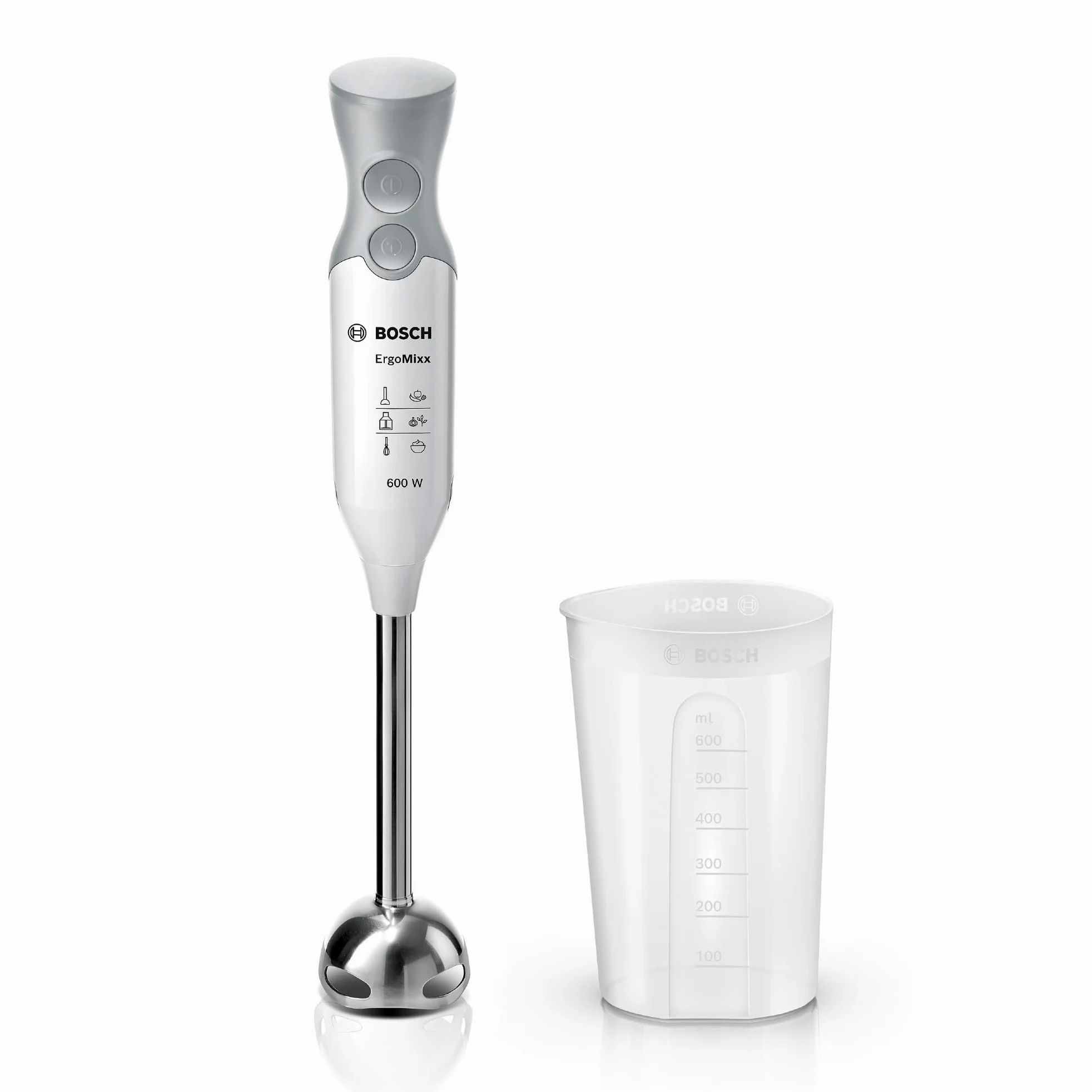Bosch Mixeur plongeant ErgoMixx, moteur 600 W, 2 vitesses, gobelet doseur, blanc/gris, MSM66110
