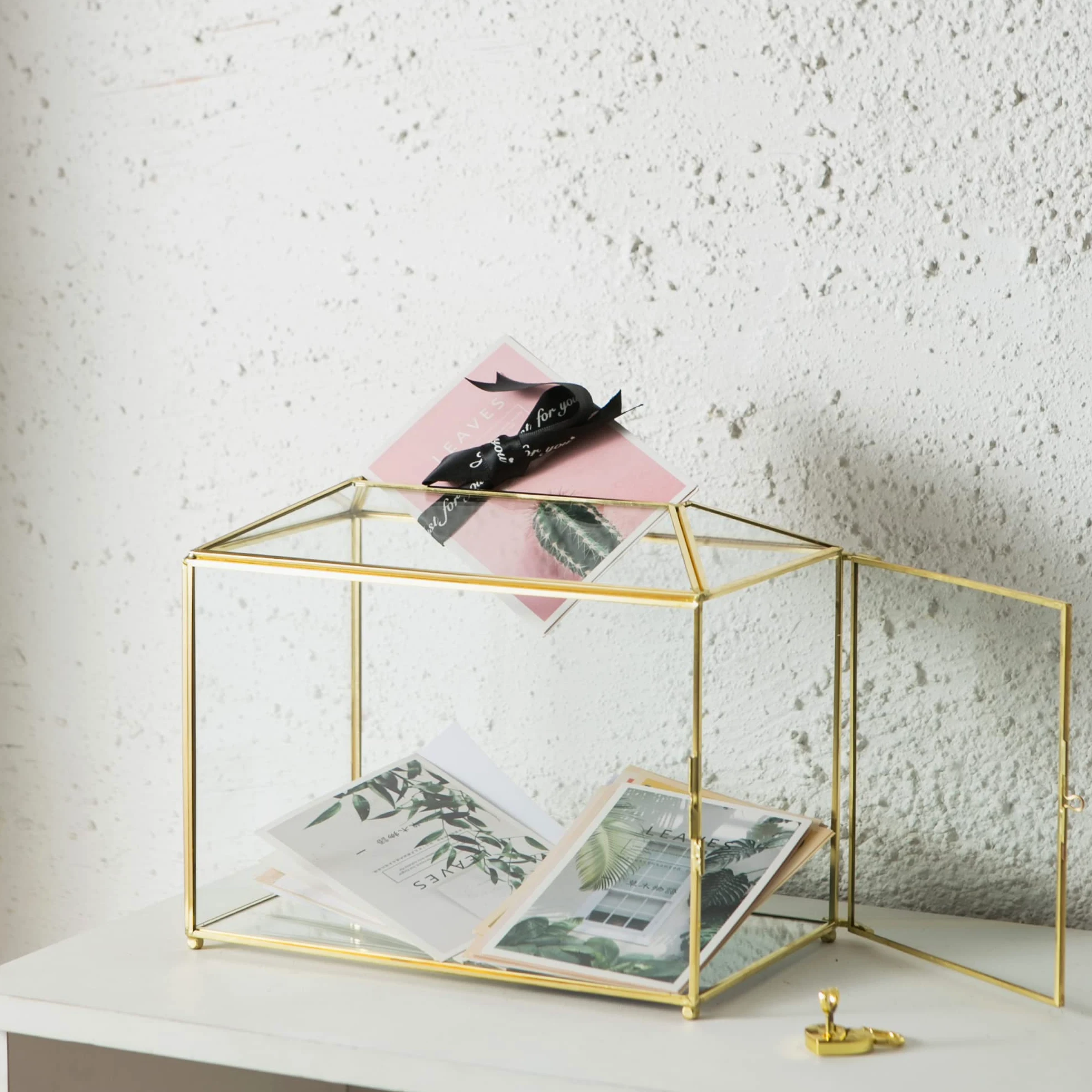 Grande boîte à cartes de mariage en verre transparent avec fente - 25,9 cm - En laiton doré - Avec serrure - Pour réceptions de mariage, fête prénatale, fête d'anniversaire