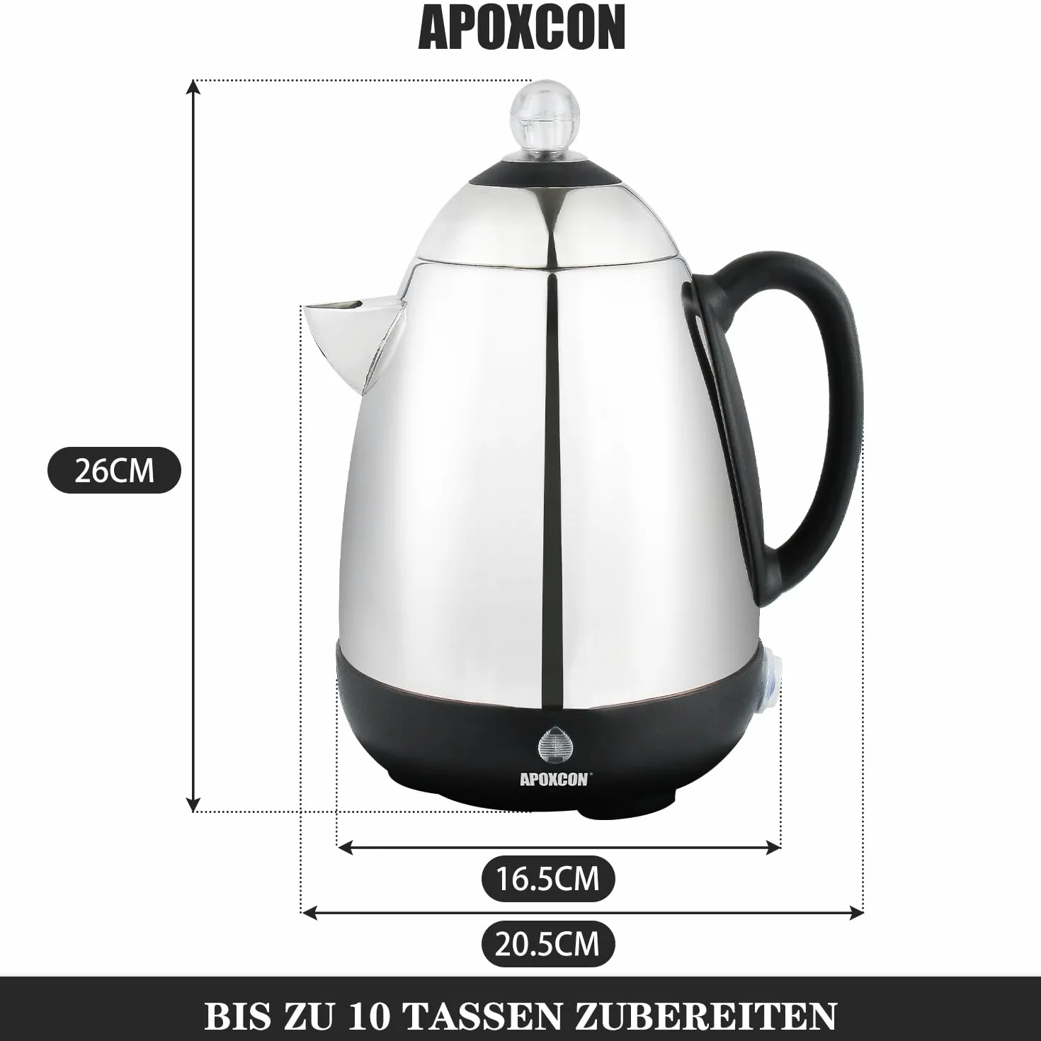 APOXCON Percolateur électrique en acier inoxydable - Fonction maintien au chaud, bec verseur anti-gouttes et interrupteur (10 tasses)