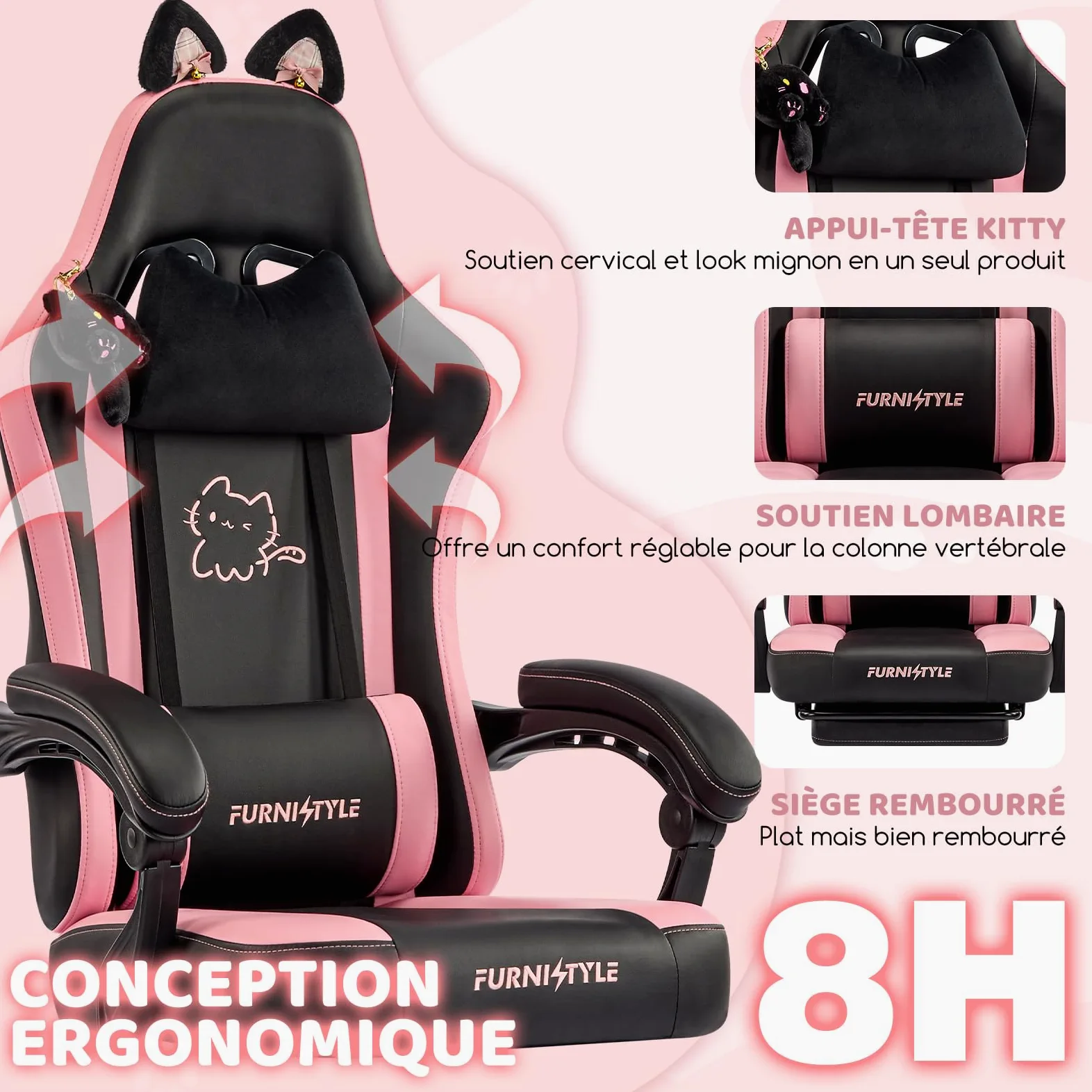 Hellove Chaise Gaming Ergonomique, Fauteuil Gamer avec Repose-Pieds Rétractable, Coussin Lombaire et Oreilles de Chat, pour Filles, Adolescents, Enfants, Cuir PU, Noir et Rose