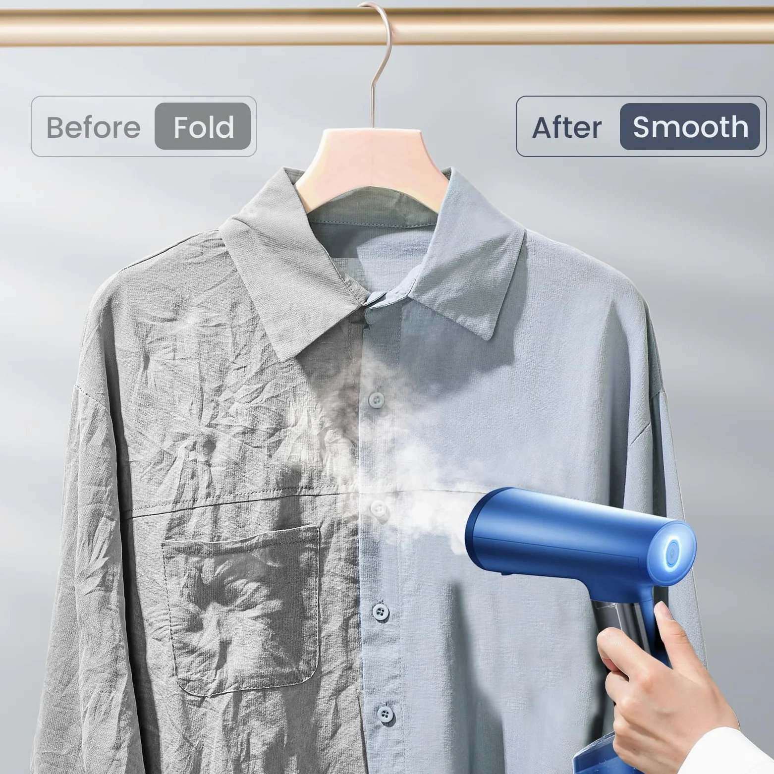 FMK Vapeur à vapeur portable pour vêtements de voyage, tête de vapeur métallique, temps de chauffage de 20 secondes, système de pompe, mini taille, vapeur à main pour tous les tissus, pas, bleu