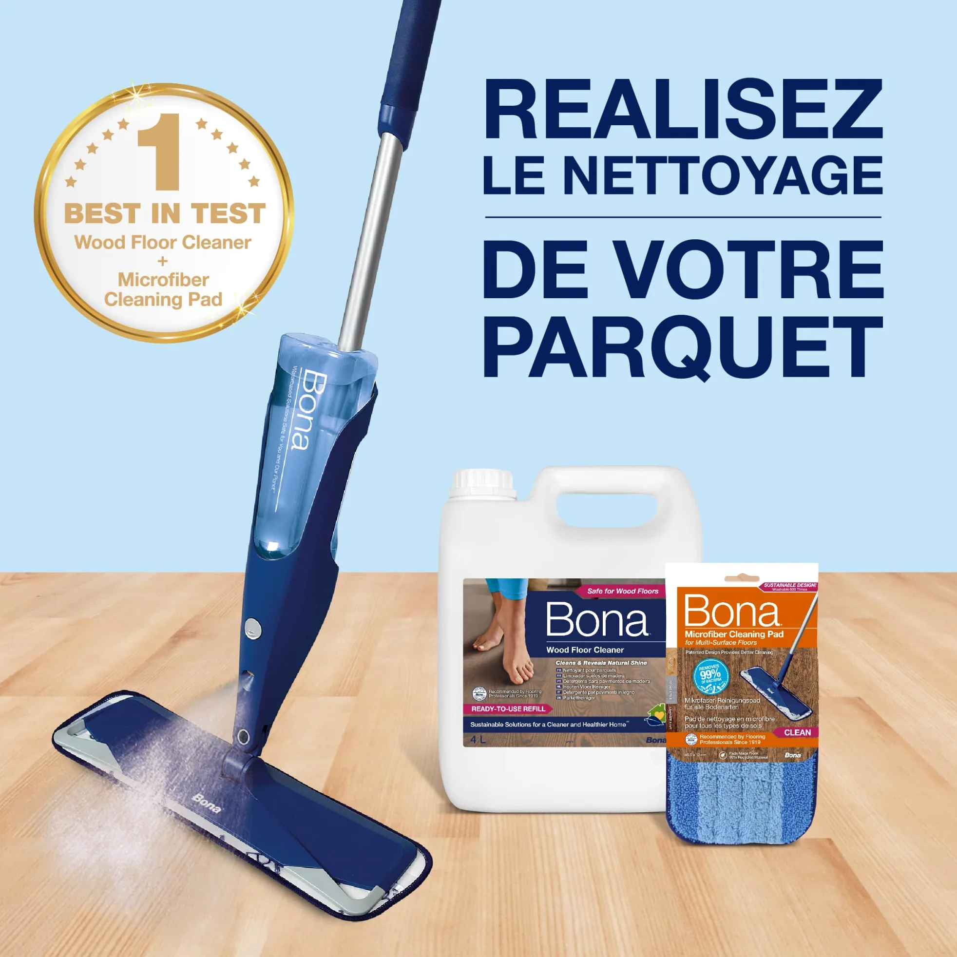Balai Spray avec Reservoir - Bona + 850 ML Nettoyant Parquets + 2 Pads en Microfibre - Balai Serpillère Vaporisateur - Kit Nettoyage Sol - Balai Serpillere Professionnel, Bleu