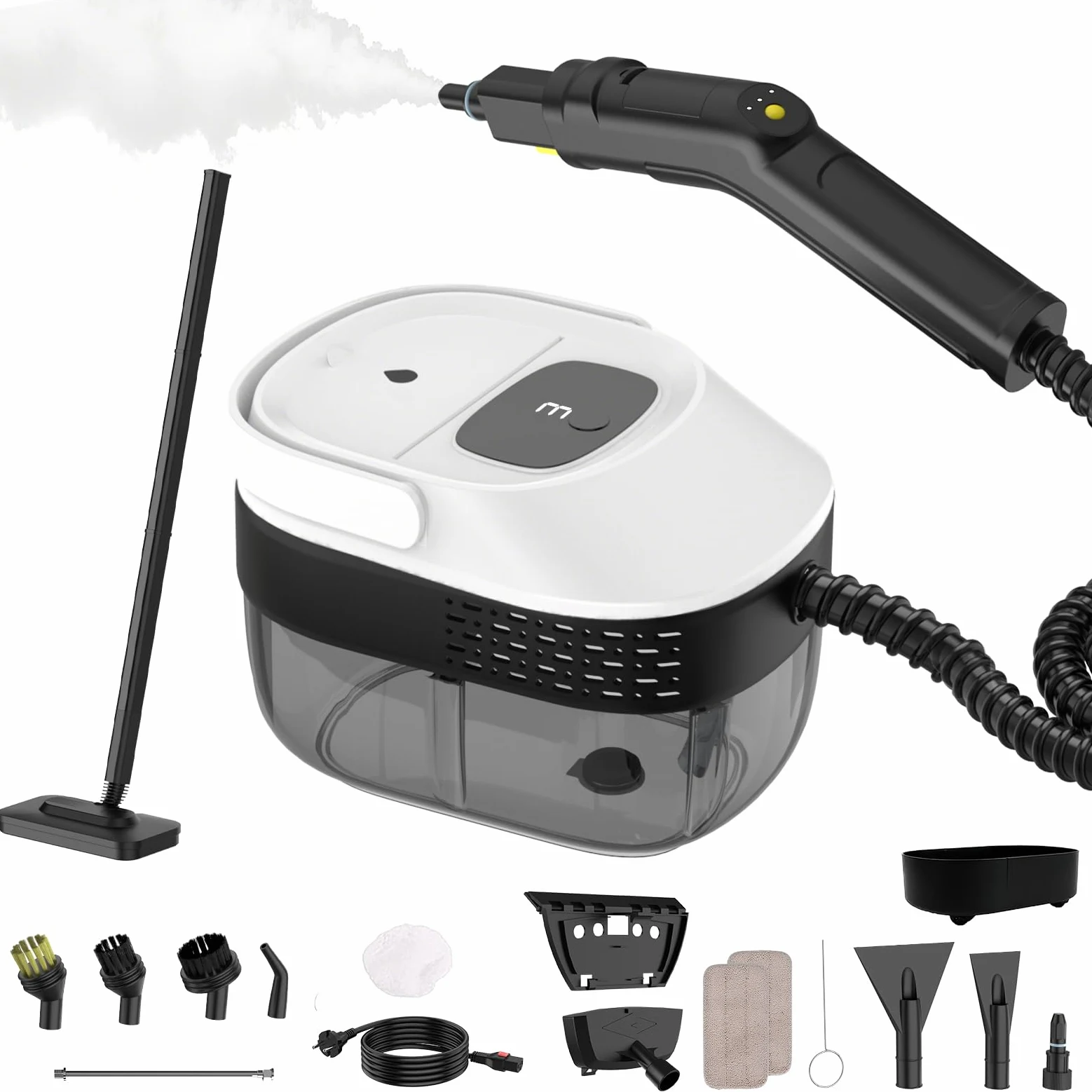 Nettoyeur Vapeur avec Balai, Poignée Réglable à 3 Positions, Chariot de Transport, Réservoir d'eau de 1,6 L, Temps de Chauffe de 15 Secondes, 17 Accessoires, pour Sols, Cuisines, Fenêtres
