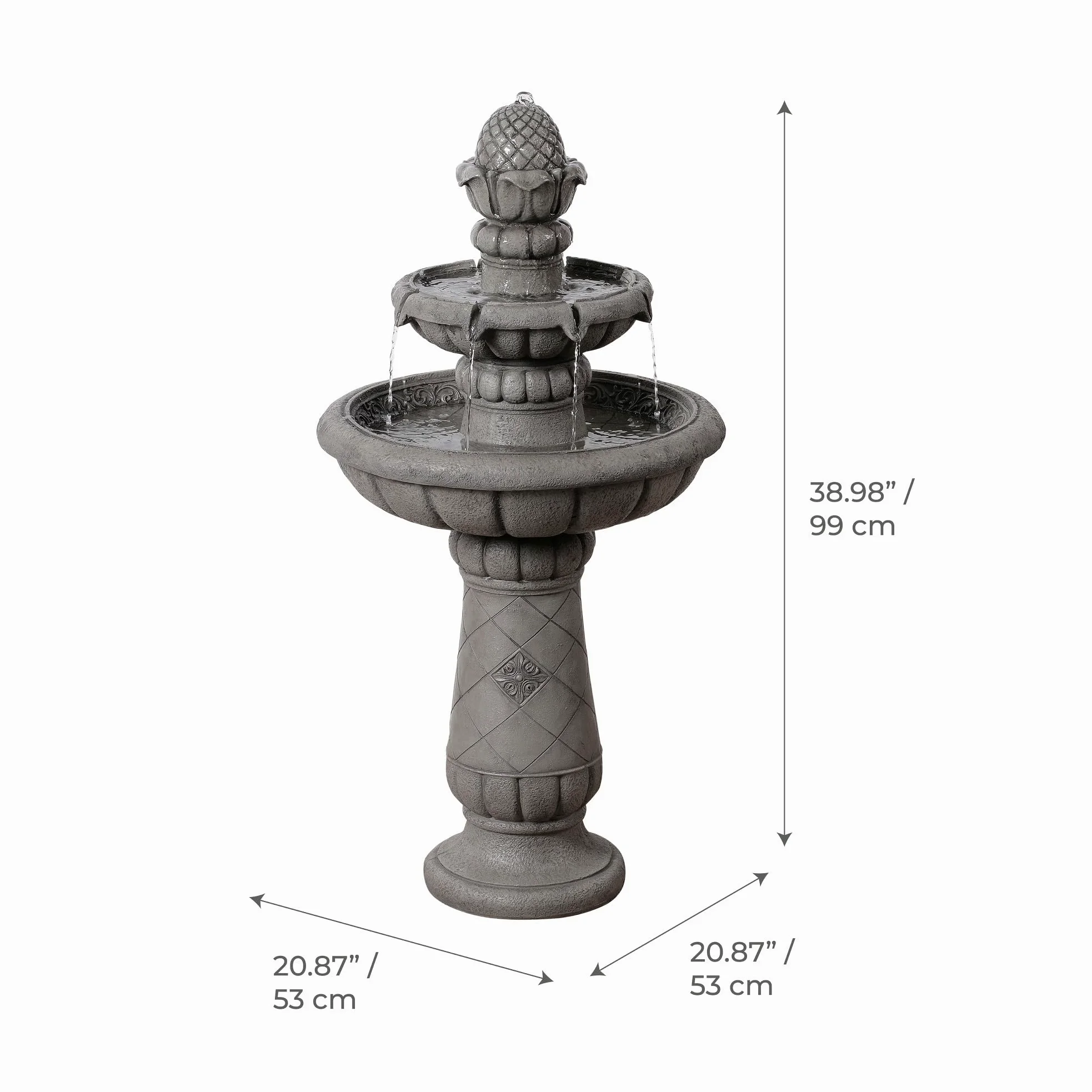 Teamson Home Fontaine Bain d’Oiseaux extérieure 99 cm à 2 Niveaux, Bassin Peu Profond, Finition Pierre Gris Clair, Flux Doux