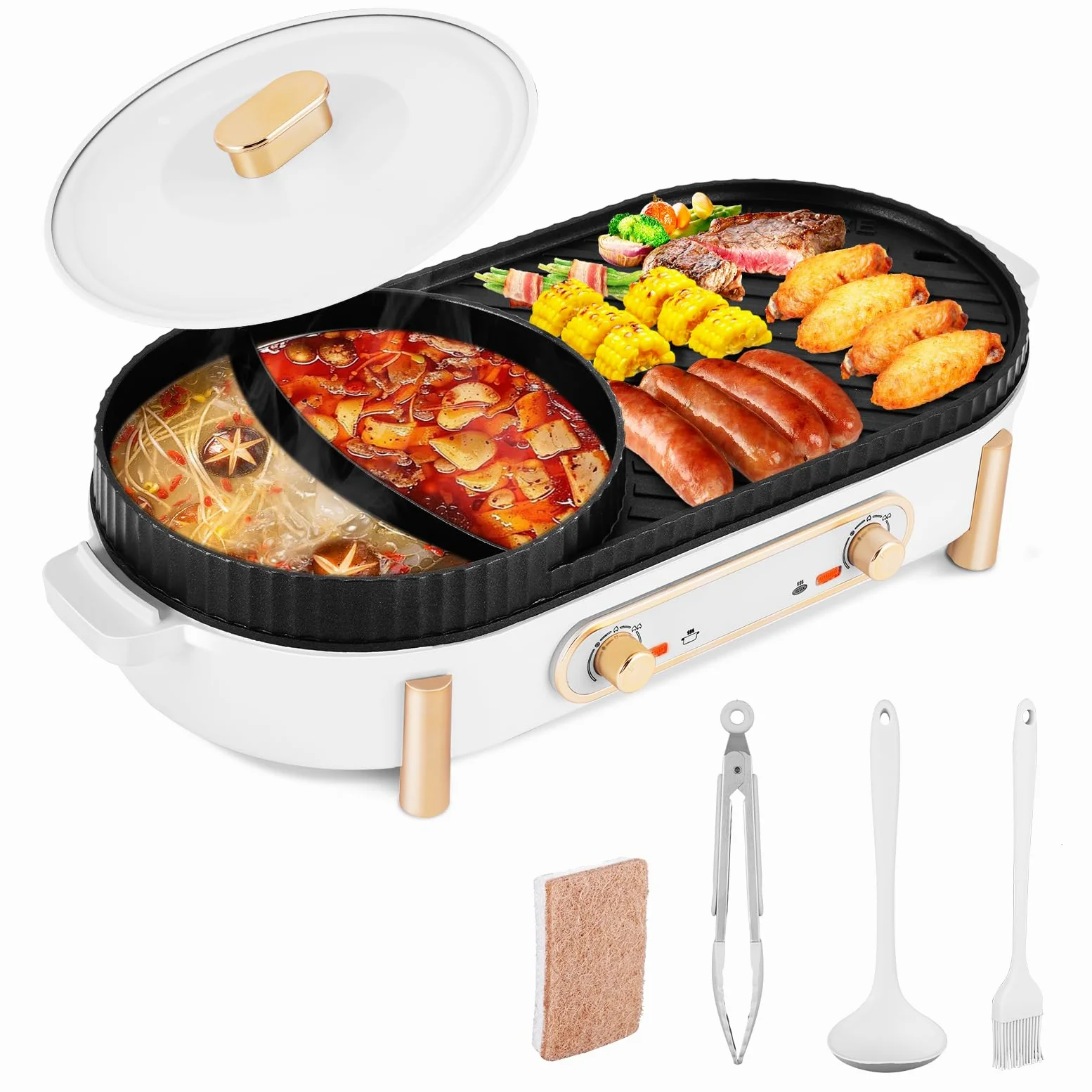 YJINGRUI Hot Pot électrique 2200W gril électrique Hot Pot Grill 2 en 1 pot hotpot et plaque de gril avec 2 réglages de température indépendants pour 3-12 personnes