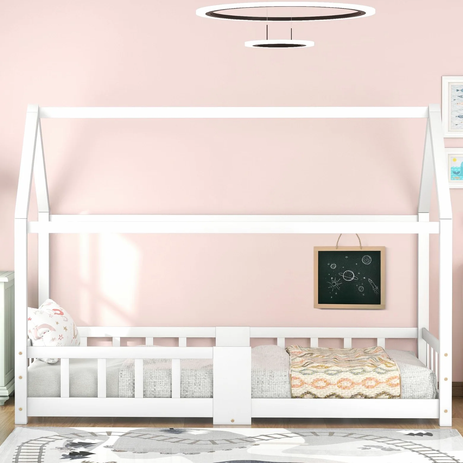 KOMHTOM Simple Lit de Maison avec Protection Anti-Chute, Lit de Jeune avec Sommier à Lattes en Bois, Cadre de lit, Minimaliste(sans Matelas) (Blanc-A, 90 x 200CM)
