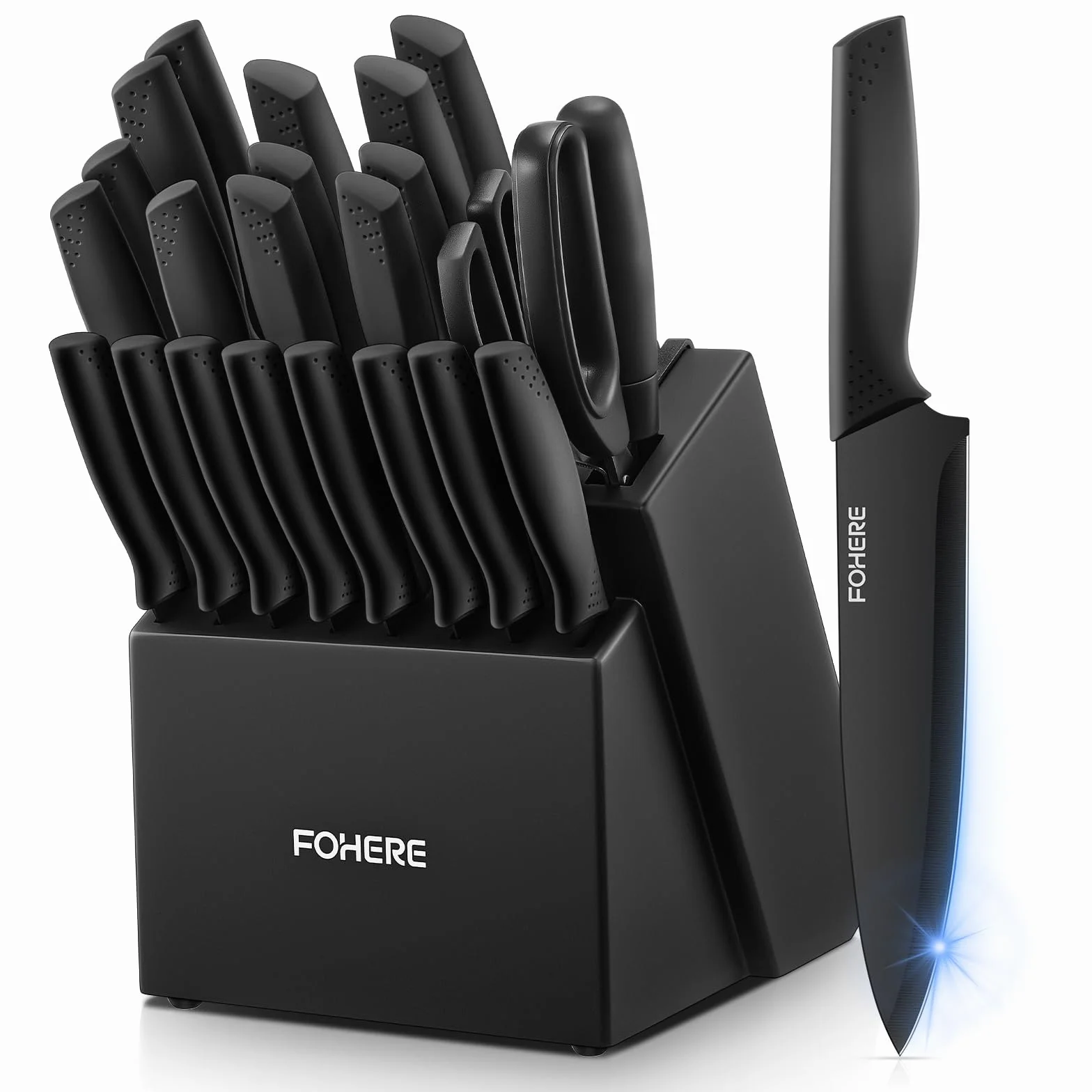 Couteaux de Cuisine avec Bloc FOHERE 23 Pièces Ensemble De Couteaux avec Affûteur Intégré, Bloc de Couteaux avec Couteau à désosser, Couteau à fromage, Noir