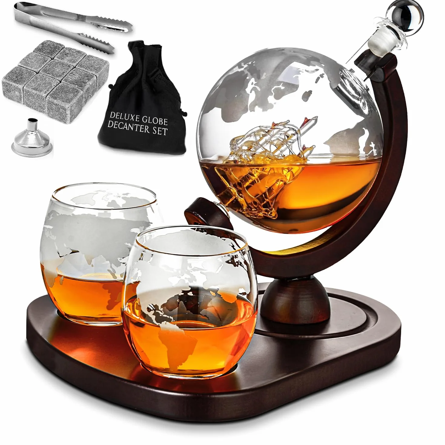 MikaMax - Ensemble de carafe à décanter Globe Deluxe - Ensemble de carafe à whisky - Set à whisky fabriqué à la main - Avec 2 verres à whisky - 850 ml - Transparent - Ensemble carafe à décanter en