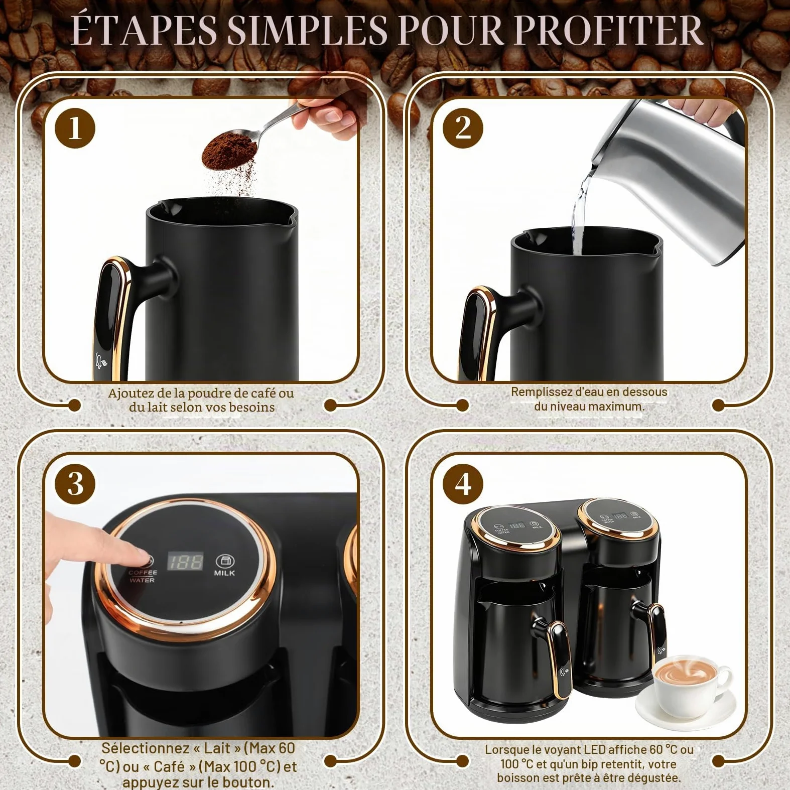 Cafetière turque, 600 W, cafetière turque avec double système de chauffage, protection contre le débordement et protection contre l'ébullition à sec, 300 + 300 ml (1 à 8 tasses)