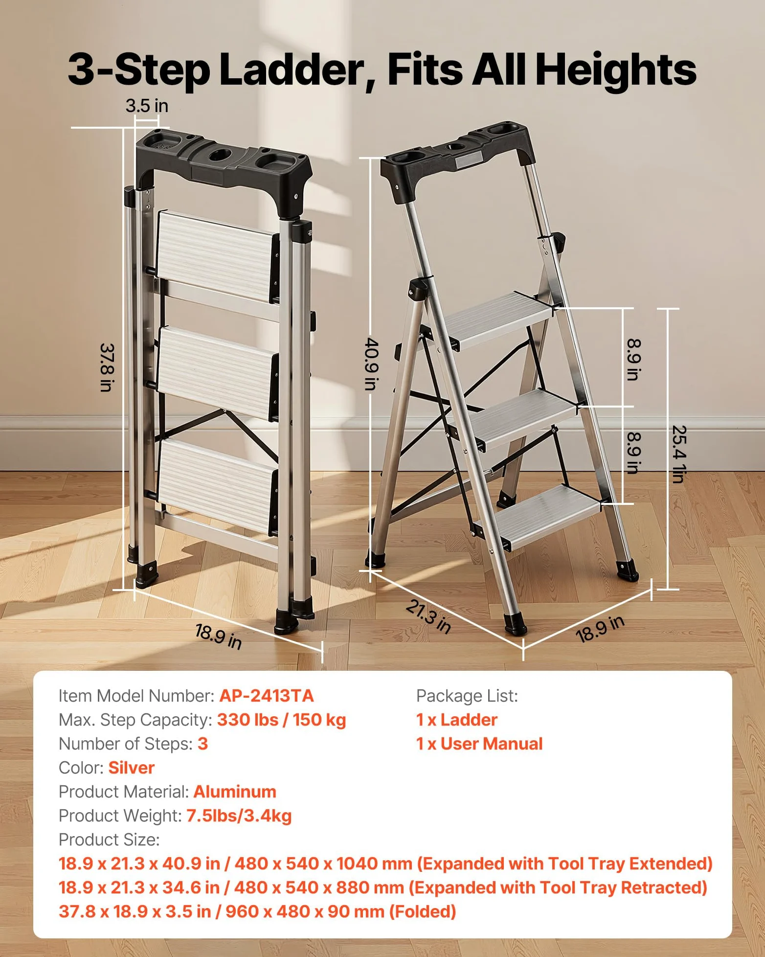 VEVOR Escabeau Pliant 3 Marches Marchepied Pliable Charge 150 kg Échelle Domestique Alliage d'Aluminium pour Travaux Ménagers, Bricolage, avec Larges Marches Antidérapantes, Plateau à Outils, Argenté