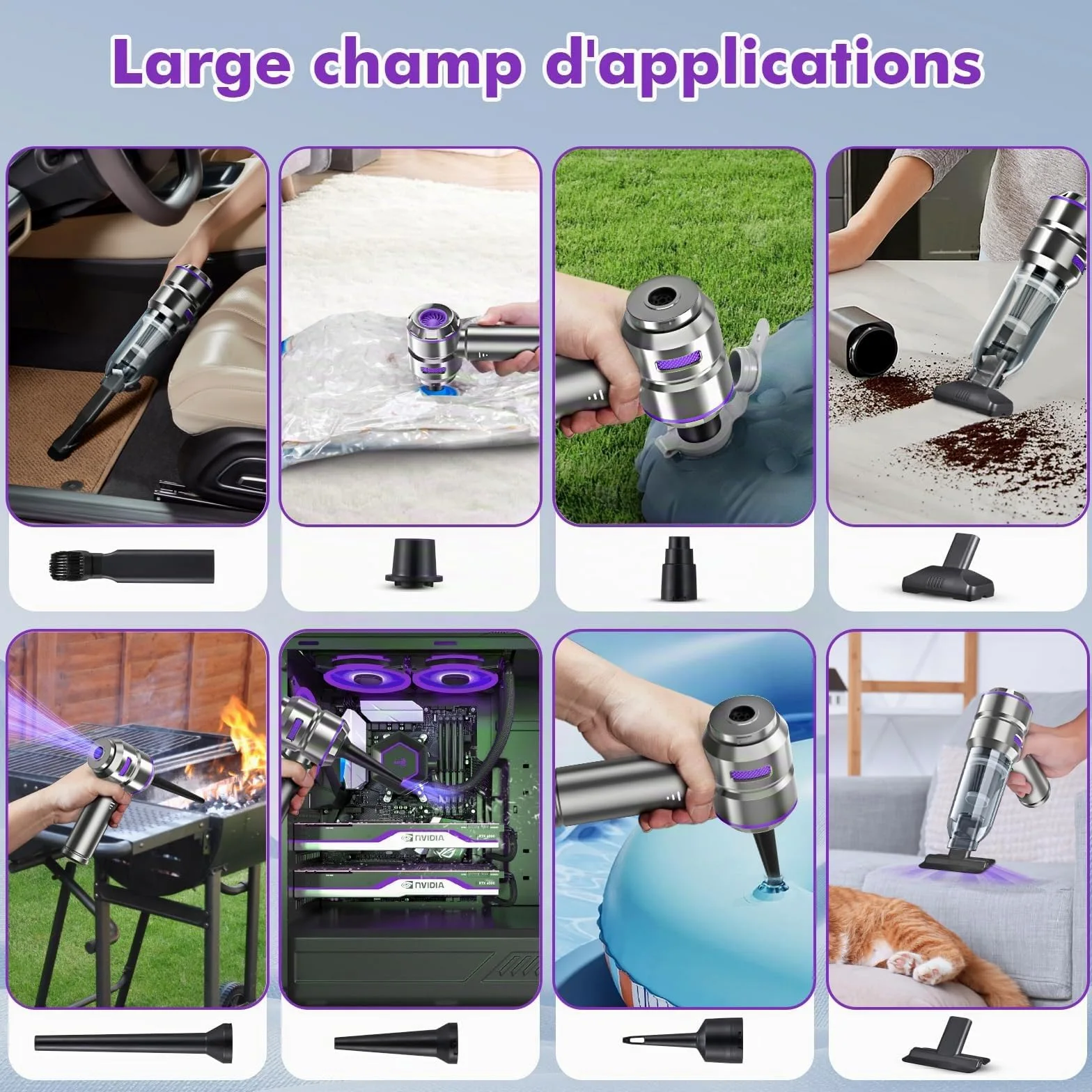 Aspirateur Voiture 4 en 1 Puissant 28000 PA Aspirateur à Main sans Fil 3 Vitesses 240 000 TR/Min pour Voiture, Cuisine, PC, canapé, Bureau, Maison et Nettoyage des Poils d'animaux