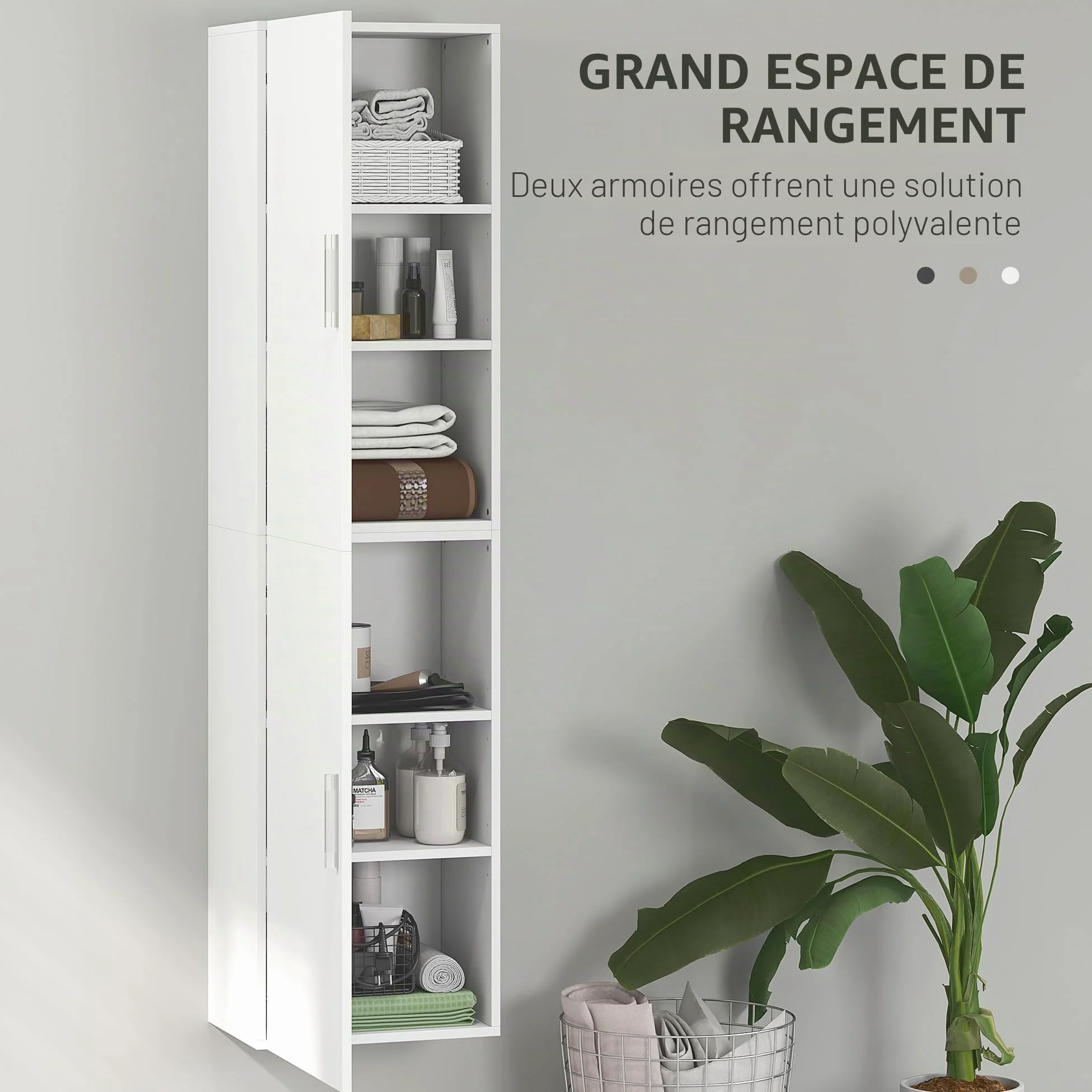 HOMCOM Armoire murale pour salle de bain avec étagères réglables et 2 portes - Meuble de salle de bain moderne pour les petits espaces - 40 x 30 x 160 cm - Blanc brillant