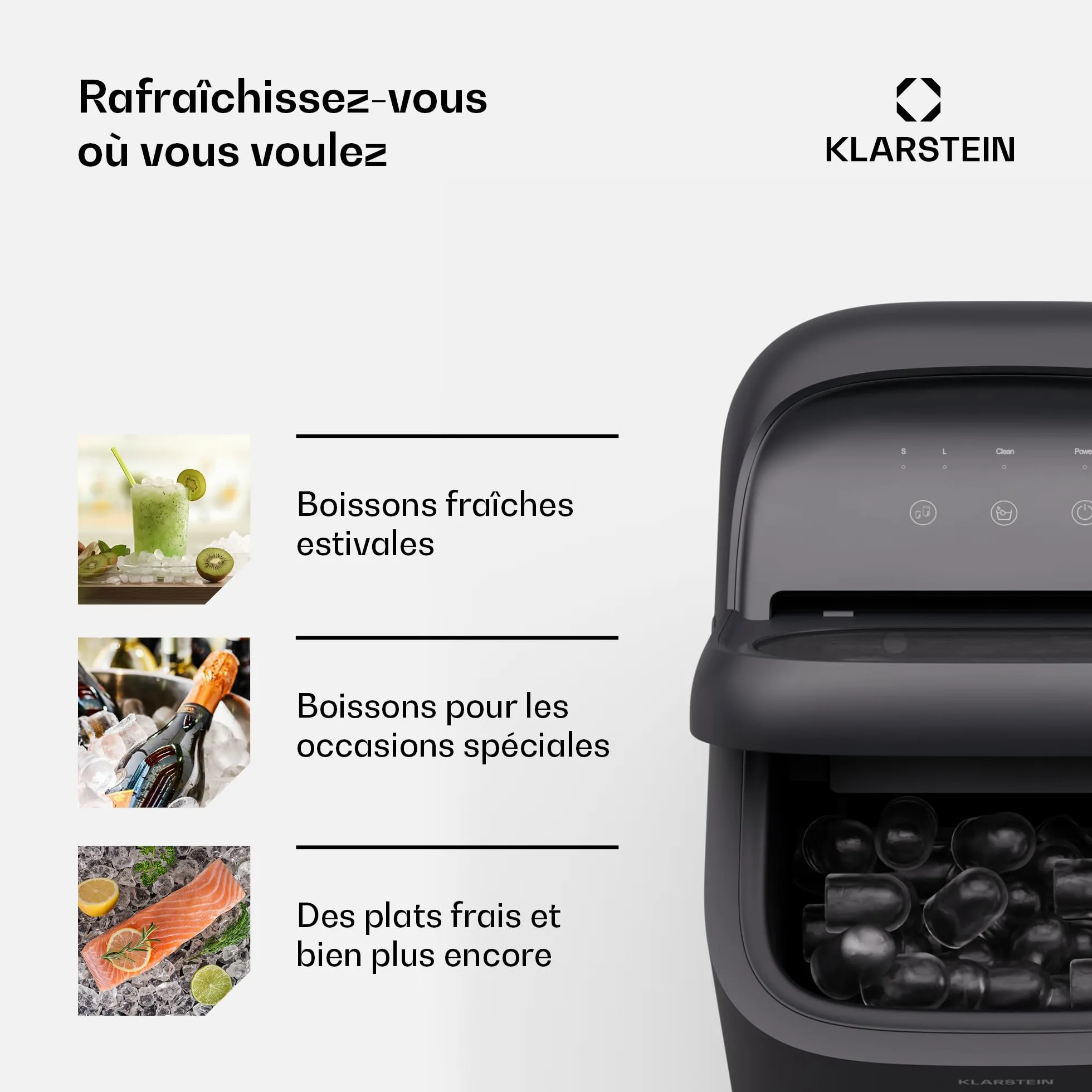 Klarstein SparkIce machine à glaçons - 15 kg/24 h, 6 min, 2 tailles, nettoyage auto, tactile, pelle incluse, à glaçons maison, petite machine, noir