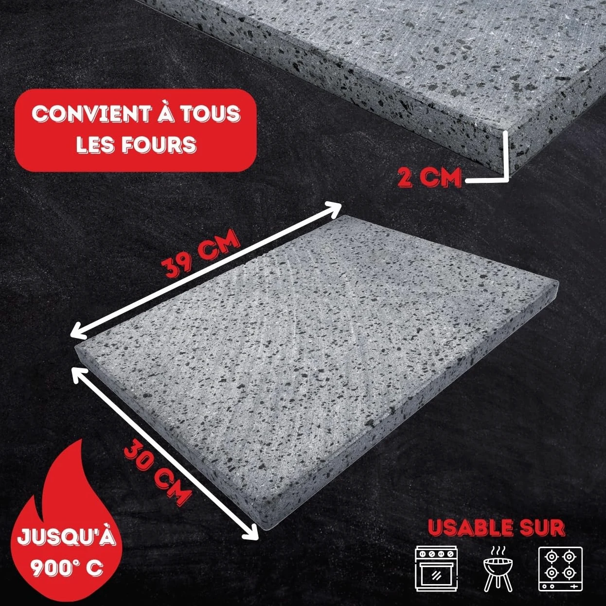 Cuore Lavico Plaque réfractaire en pierre de lave de l’Etna pour pizza et pain, 39 x 30 x 2 cm, pour four à gaz, électrique et barbecue, fabriquée en Italie