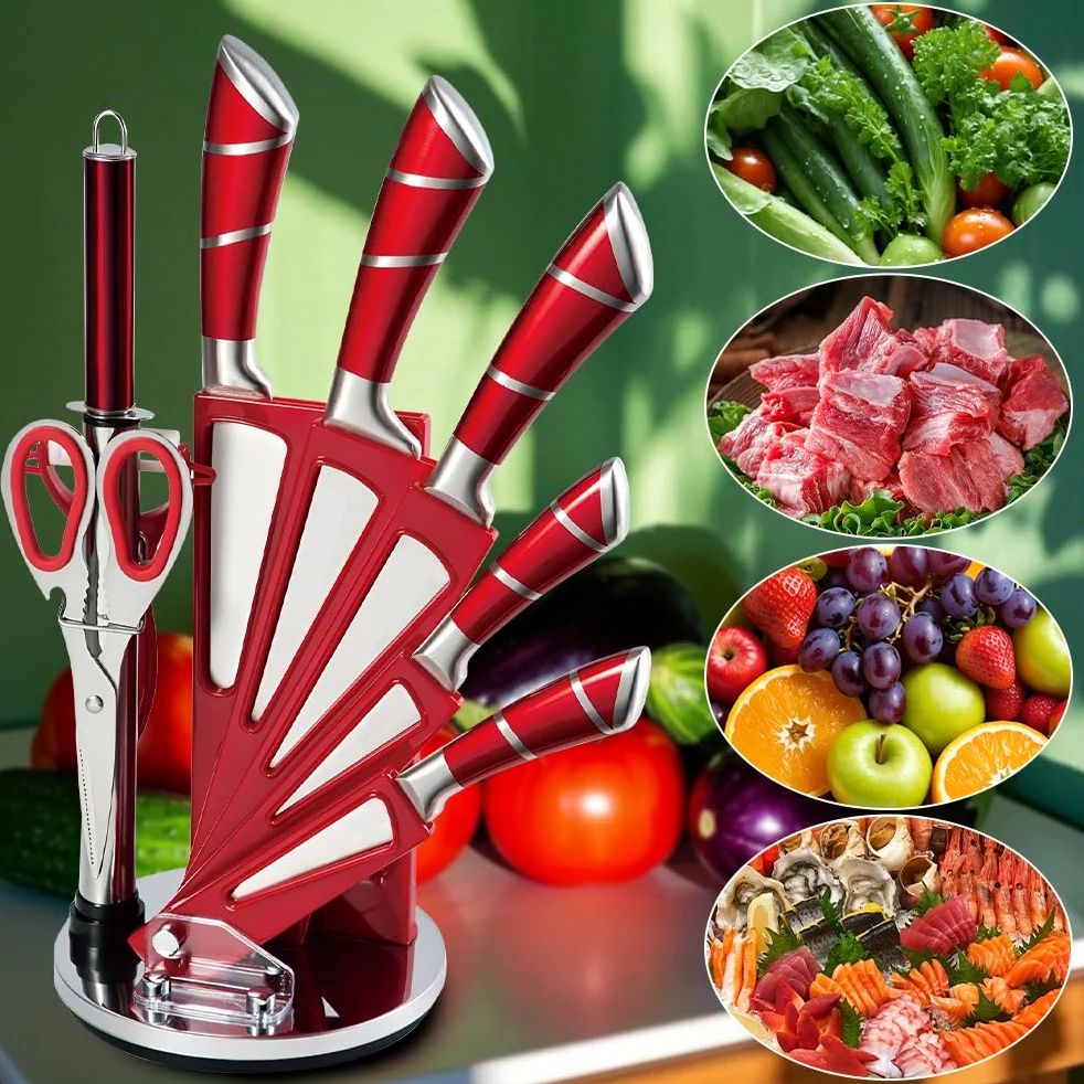 KEPEAK Set de Couteaux de Cuisine 9 Pièces avec Bloc Acrylique Rotatif – Couteaux de Chef Tranchants en Acier Inoxydable avec Fusil à Aiguiser – Pour Couper, Hacher, Émincer – Rouge