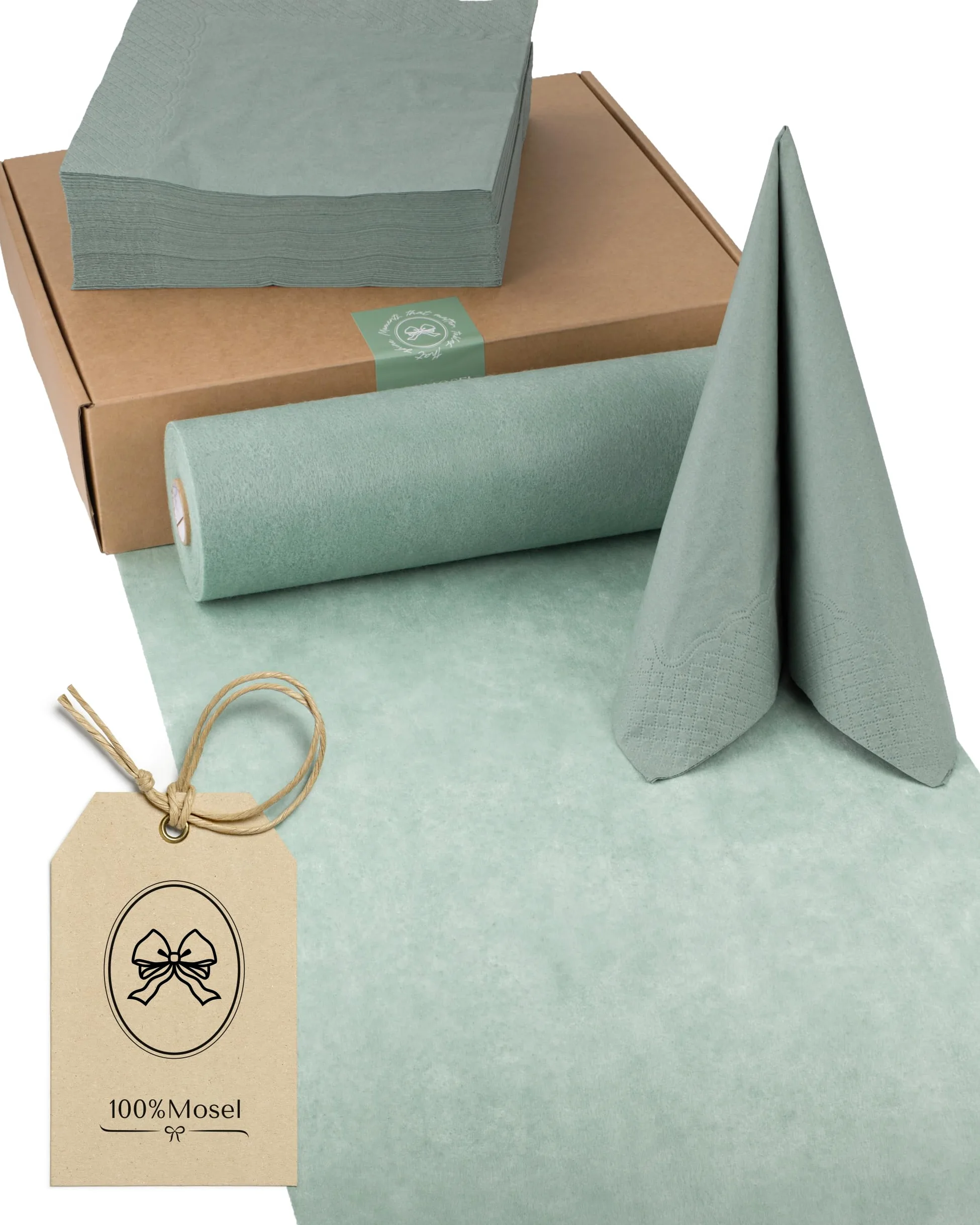 100% Mosel Kit de décoration de table – Vert Eucalyptus (25–50 Invités) | Chemin de Table en Intissé & Serviettes en Papier pour Mariage, Baptême, Communion & Anniversaire