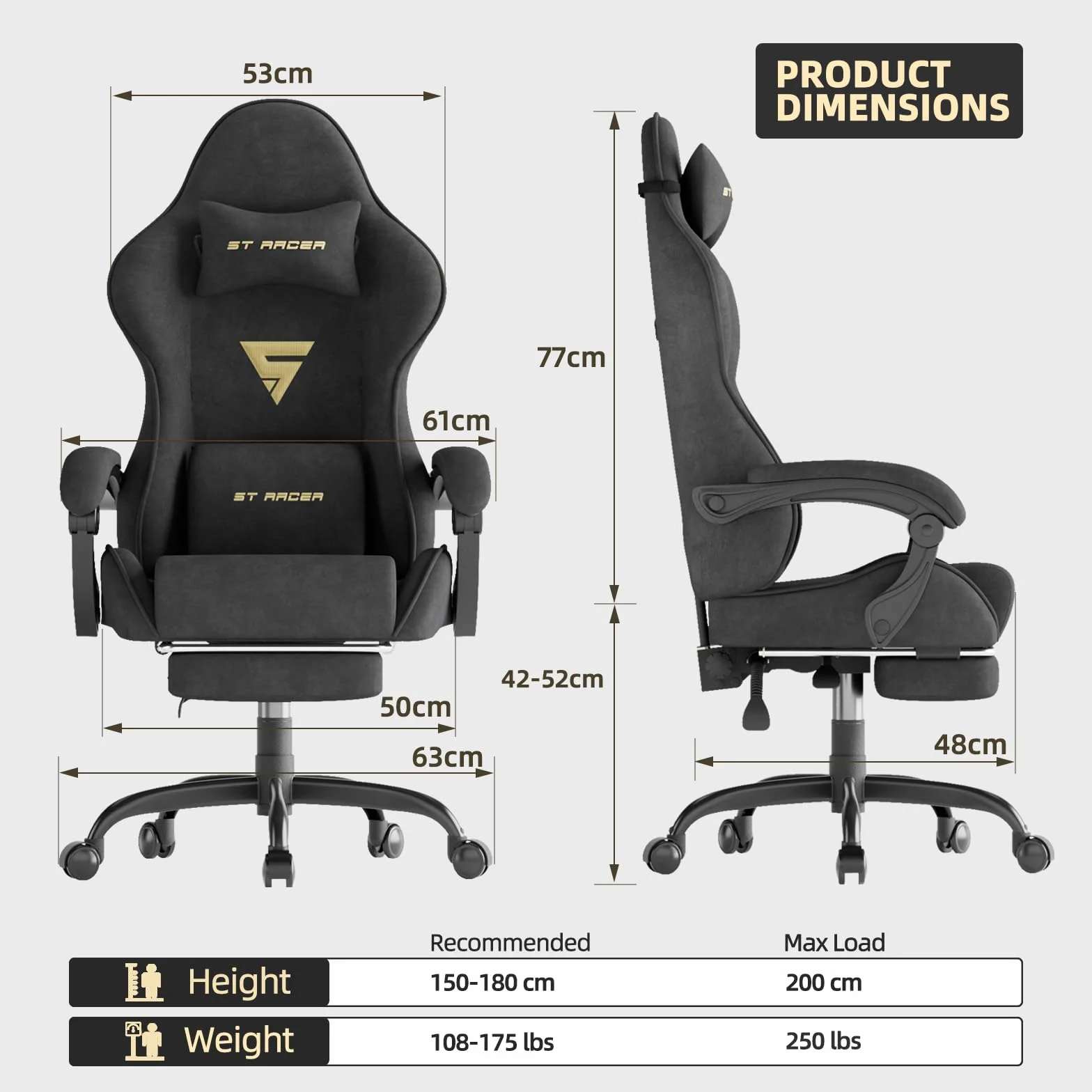 Ferghana Chaise Gaming Chaise Ergonomique Bureau Tissu Fauteuil Gaming en Tissu Velours, avec Coussin Lombaire De Massage, Coussin De Nuque, Repose-Pied, Capacité de Poids de 250lb, Noir