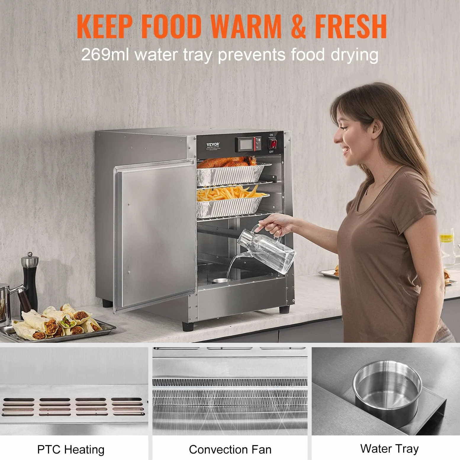 VEVOR Armoire Chauffante à 4 Niveaux, Étuve Traiteur avec Bac à Eau, Chauffe Assiettes Porte Simple et Étagères Réglables, en Acier Inoxydable, pour Pizza Poulet, Restaurant Cantine École, Argenté