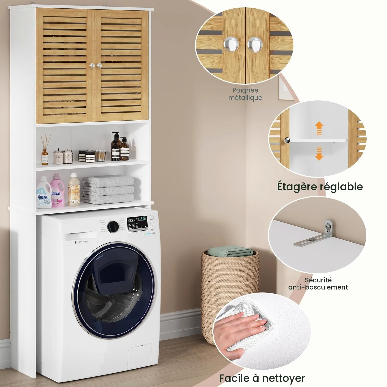 Meuble Machine à Laver, Armoire Dessus Toilette avec 2 Compartiments Ouverts, Espace Derrière 2 Portes en Bambou, Meuble WC Rangement avec Étagère Réglables, 185,5 x 65 x 24 cm