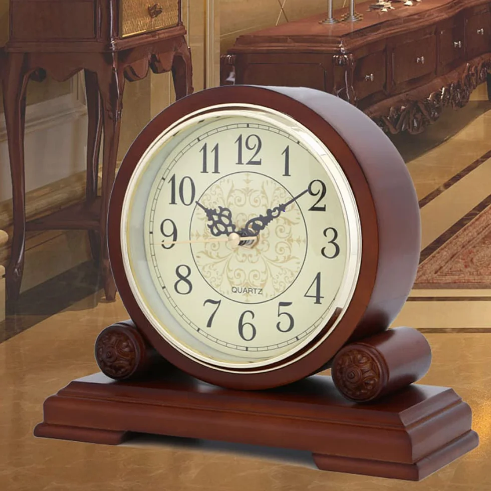 Horloge de Bureau en Bois Massif, Horloge de cheminée avec Surface en Bronze et Chiffres, Horloge à Quartz silencieuse, Horloge de cheminée 23cm Long Brown