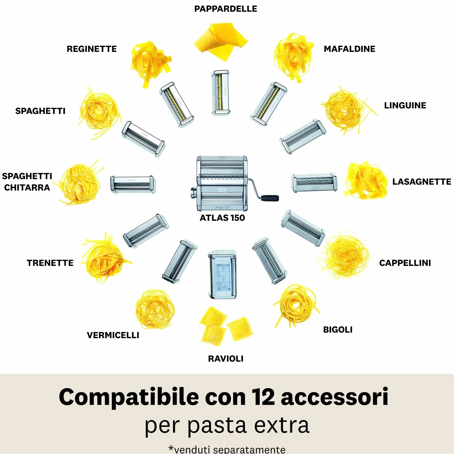 Marcato Atlas 150 Classic, machine à pâtes manuelle avec accessoire interchangeable AT-150-CLS 20 x 20.7 x 15.5 cm