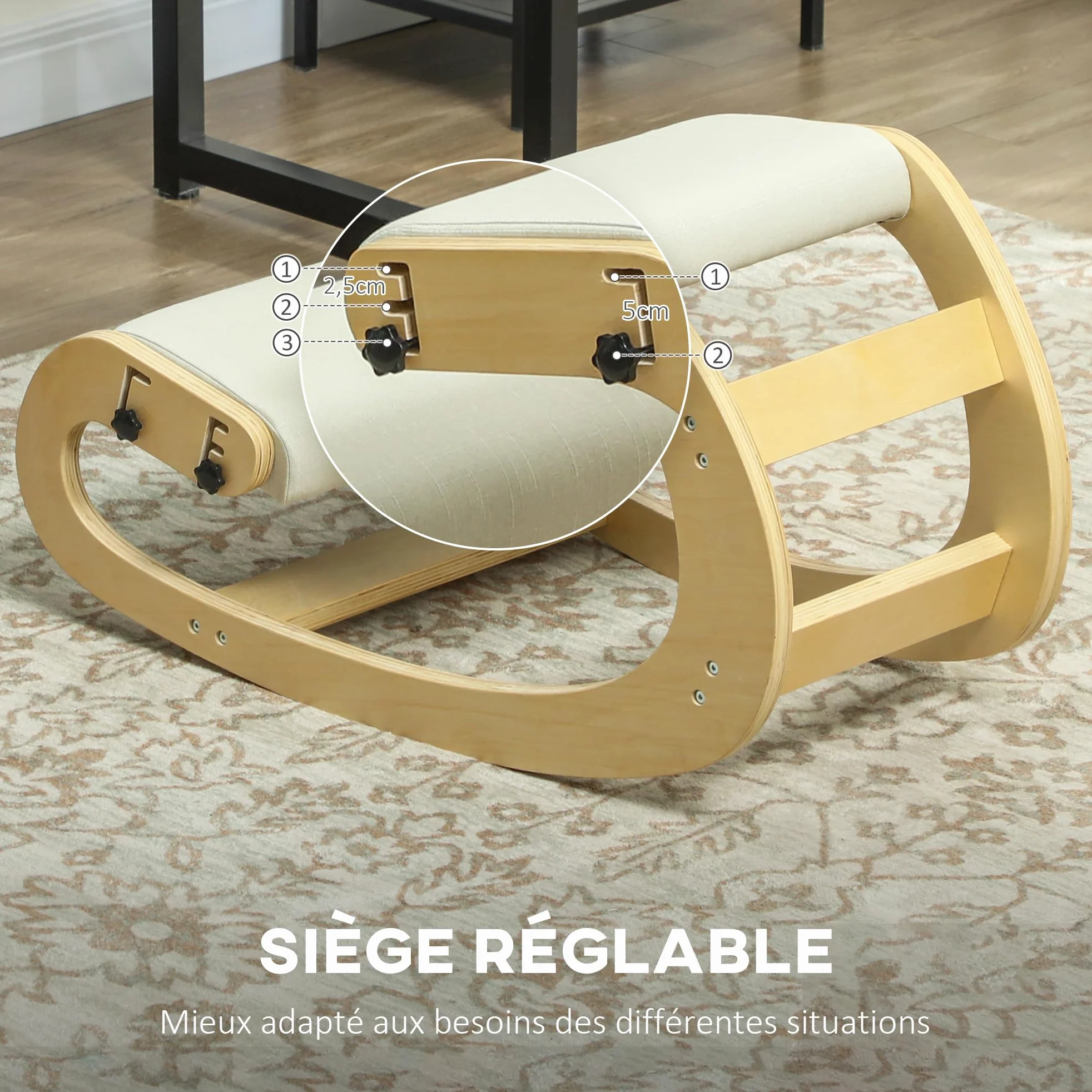 HOMCOM Siège Assis Genoux, siège Ergonomique en Bois à Bascule, Chaise à Genoux réglable pour Bureau à Domicile, améliorer la Posture, maux de Dos, crème