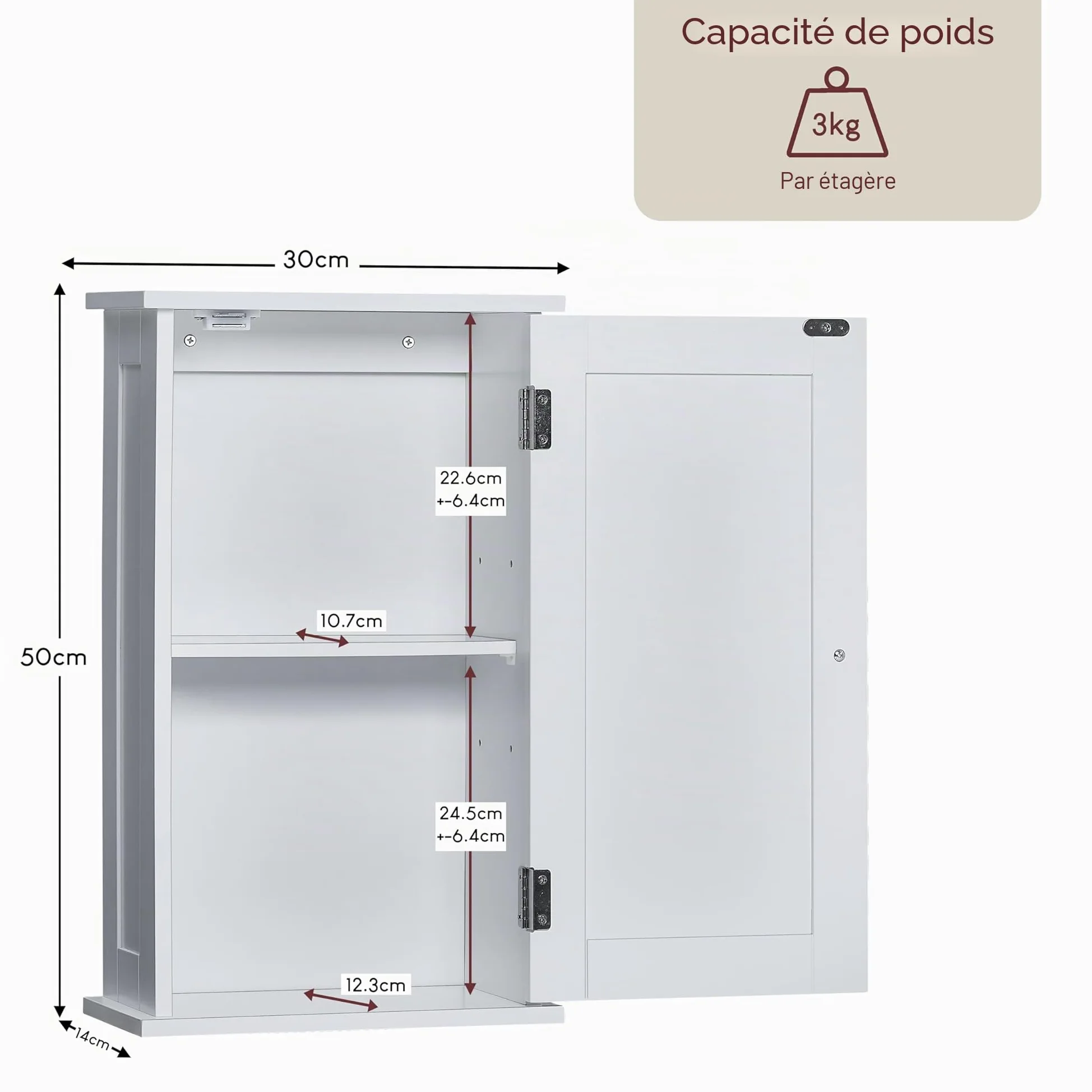 Bath Vida Priano Armoire Murale de Salle de Bain – Armoire Blanche à Porte Unique avec Étagère Intérieure, Rangement Mural Gain de Place – H 50 x L 30 x P 14 cm