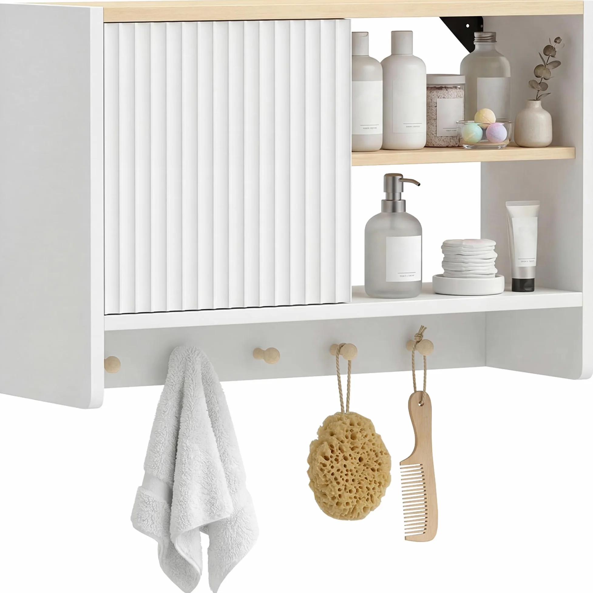 HOMCOM Armoire Murale de Salle de Bain, Meuble de Rangement Suspendu pour Salle de Bains avec Porte, étagères Ouvertes et 5 Crochets, Meuble WC Suspendu, 60 x 20 x 40 cm, Blanc et chêne