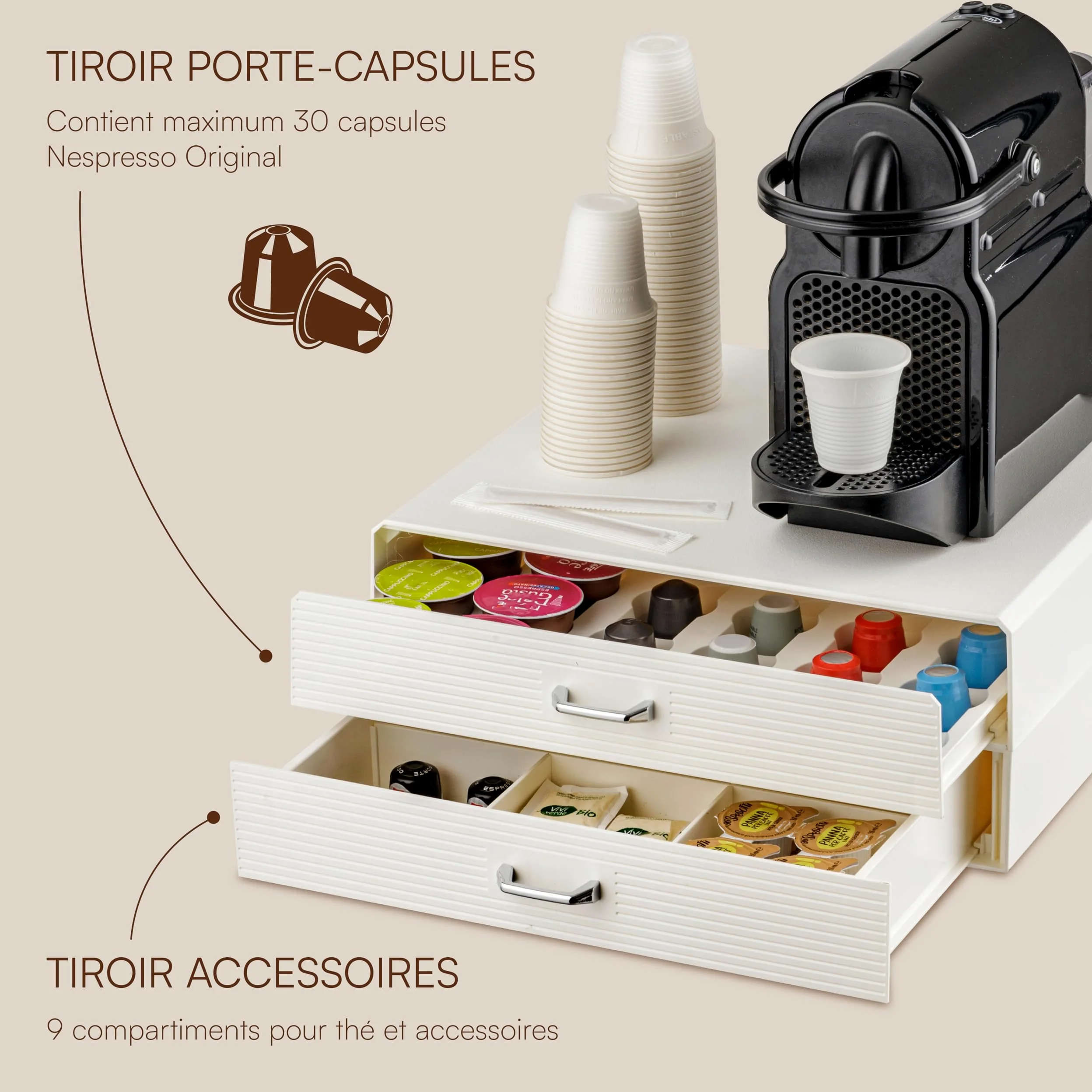 Baroni Home Tiroir Porte-Dosettes de Café, Organisateur Universel 30 capsules Nespresso et Dolce Gusto, pour accessoires et thé, Compact en Plastique Résistant, 2 Tiroirs, 34x13x34 cm, Blanc